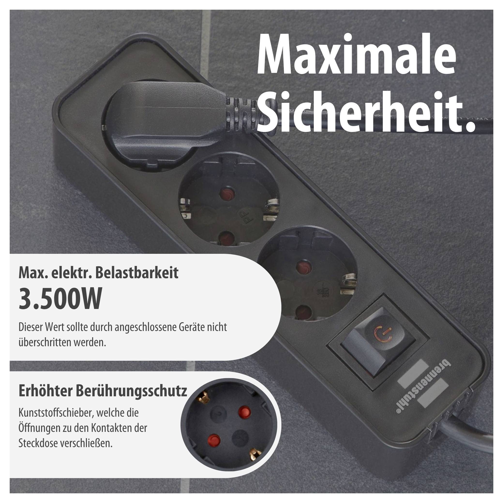 Steckdosenleiste mit Stecker, Schalter und Kinderschutz; Text wirbt mit 'Maximale Sicherheit', max. Belastbarkeit 3.500 W und erhöhtem Berührungsschutz.