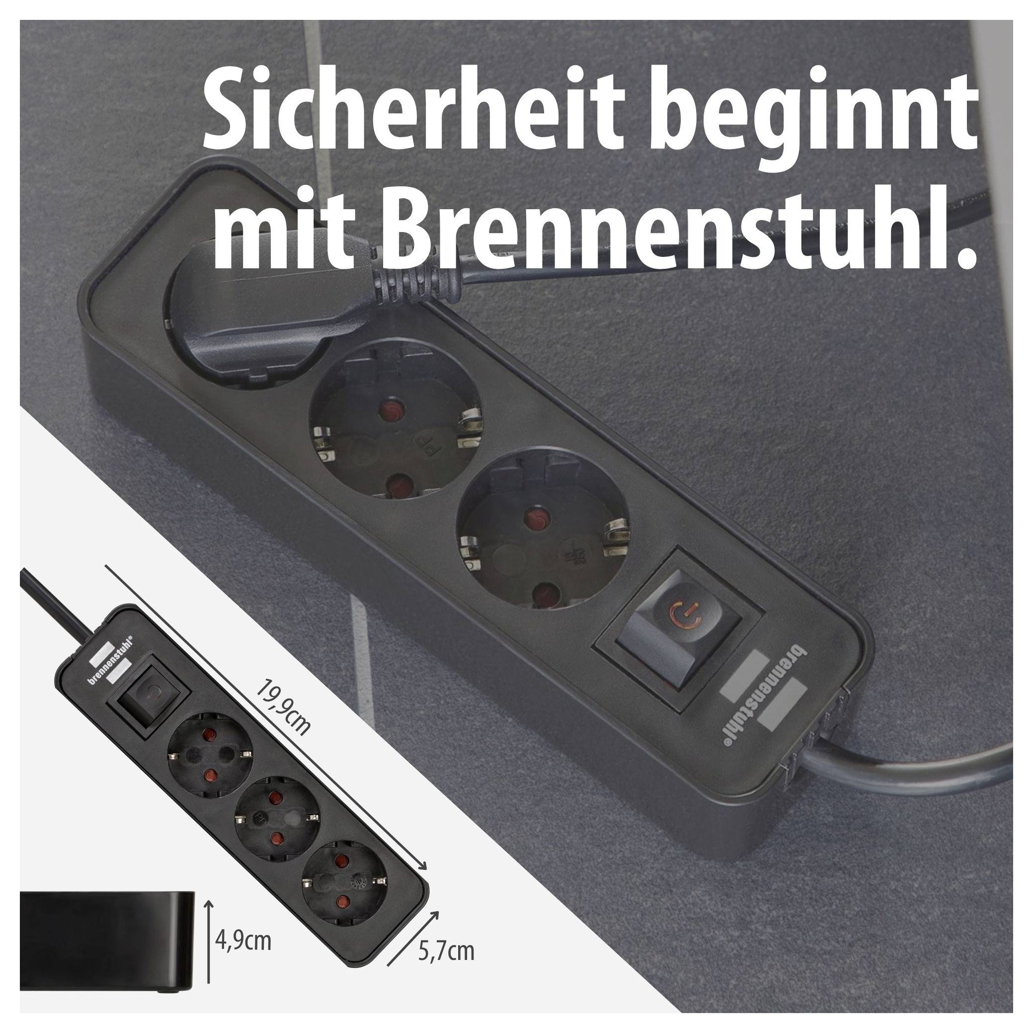 Werbeabbildung einer schwarzen Brennenstuhl-Steckdosenleiste mit Ein-/Ausschalter; Text: 'Sicherheit beginnt mit Brennenstuhl.'; Maße 19 cm, 4,9 cm, 5,7 cm.