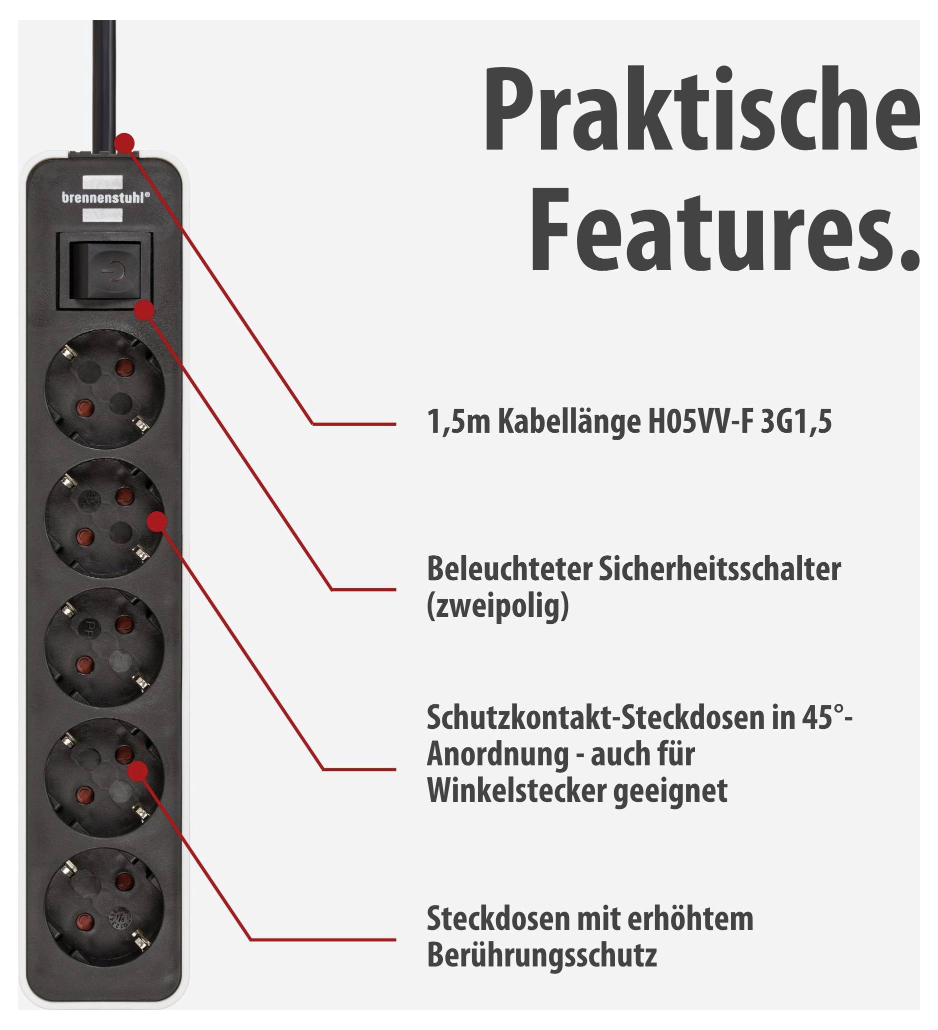 Werbegrafik einer schwarzen Steckdosenleiste mit Beschriftungen zu 1,5 m Kabel, beleuchtetem Sicherheitsschalter, 45°-Steckdosen und erhöhtem Berührungsschutz.