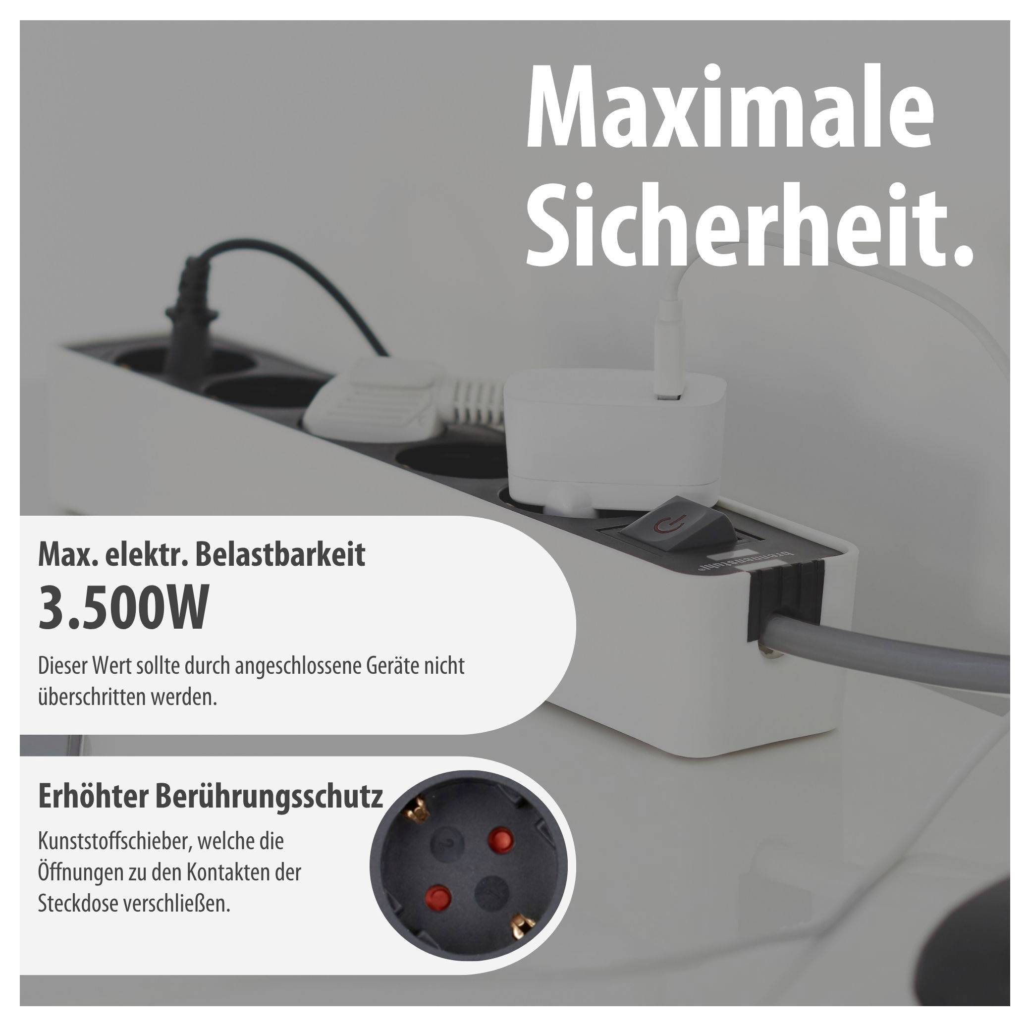 Werbebild einer Steckdosenleiste mit 'Maximale Sicherheit.'; nennt 3.500 W maximale Belastbarkeit und erhöhten Berührungsschutz durch Kunststoffschieber.