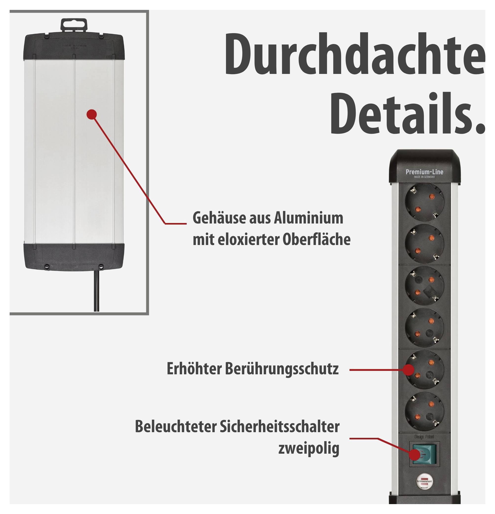 Werbegrafik eines schwarzen Steckdosenblocks mit den Texten 'Durchdachte Details', 'Gehäuse aus Aluminium mit eloxierter Oberfläche', 'Erhöhter Berührungsschutz' und 'Beleuchteter Sicherheitsschalter zweipolig'.