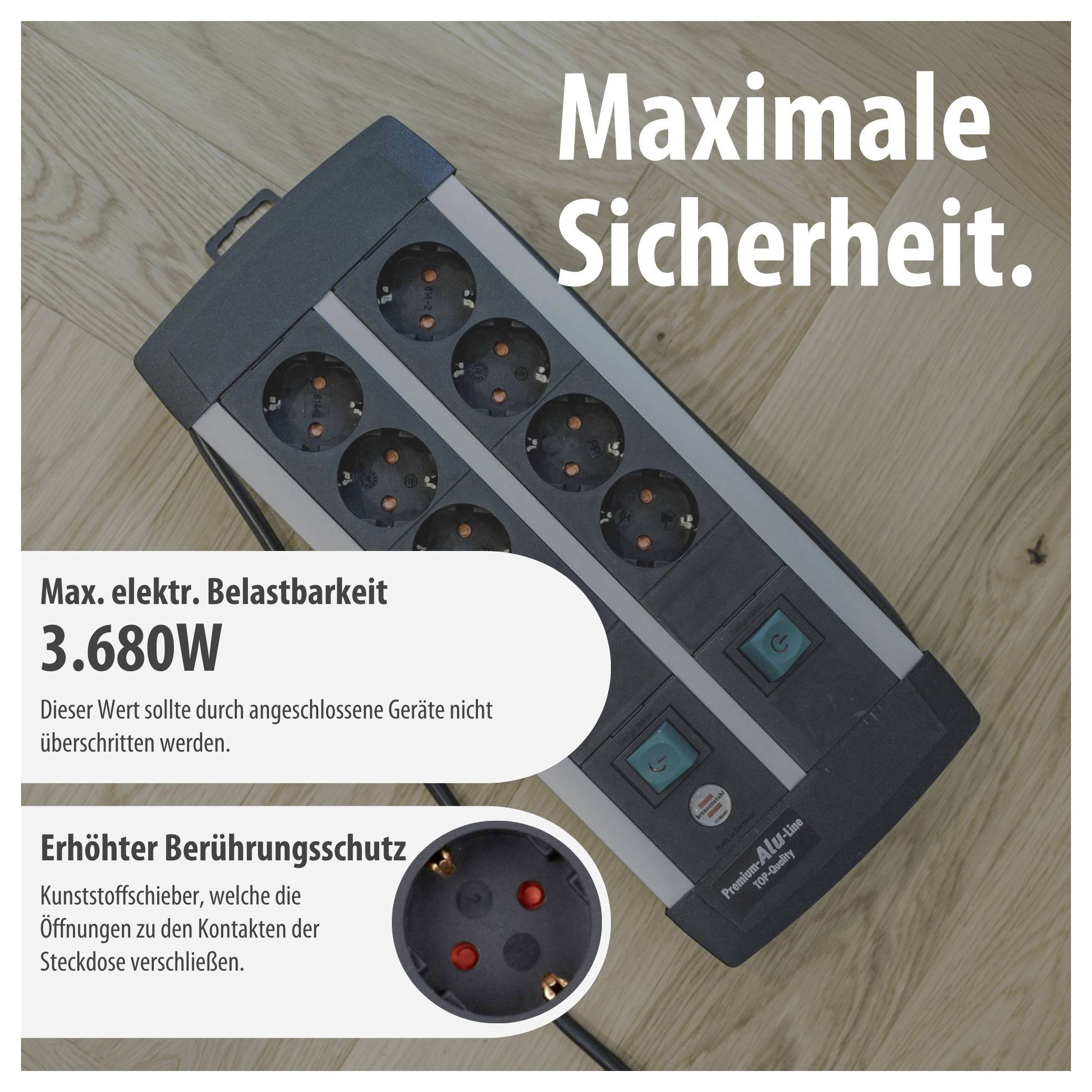 Mehrfachsteckdose mit Schutzschaltern; Text hebt 'Maximale Sicherheit', 3.680 W maximale Belastbarkeit und erhöhten Berührungsschutz hervor.