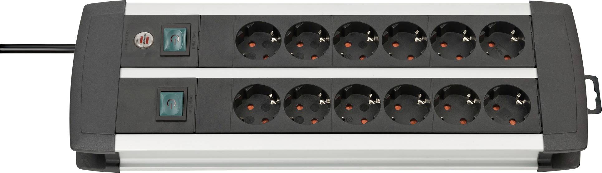 Eine schwarze Steckdosenleiste mit zwei Reihen à sechs Steckdosen und zwei blauen Wippschaltern auf der linken Seite, mit einem Kabel, das auf der linken Seite angebracht ist.