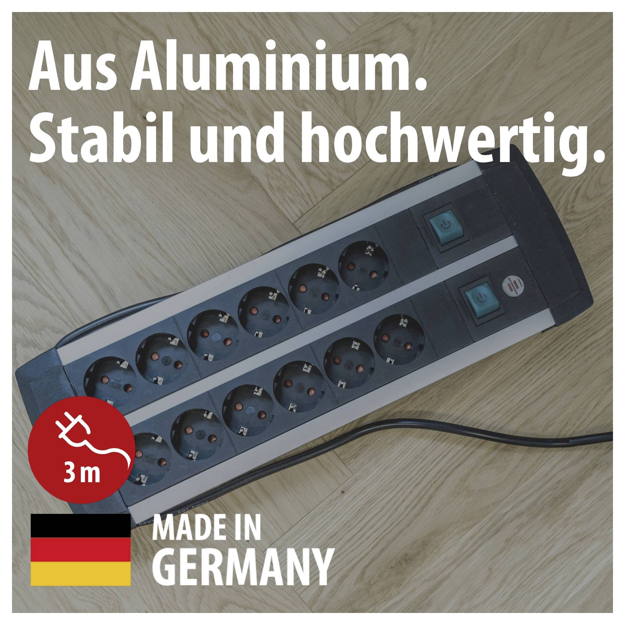 Mehrfachsteckdose aus Aluminium auf Holzboden mit Text 'Aus Aluminium. Stabil und hochwertig.', '3 m' und 'Made in Germany'.