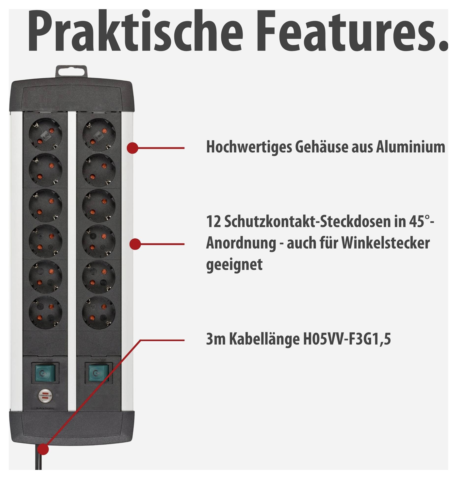Produktfoto einer Mehrfachsteckdose mit 12 Schutzkontakt-Steckdosen und 3 m Kabel; Aluminiumgehäuse, Steckdosen in 45°-Anordnung.