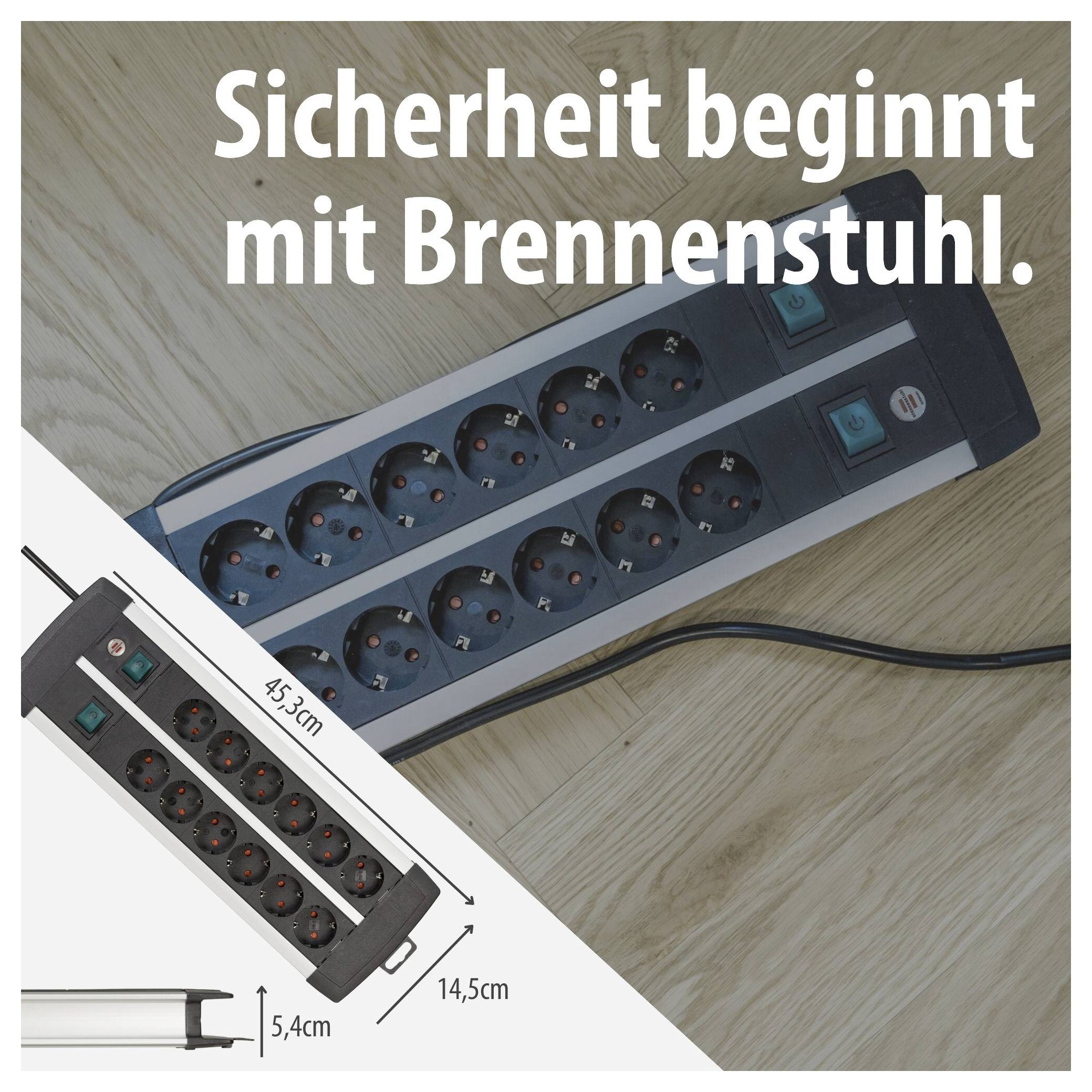 Werbeanzeige für eine Brennenstuhl-Steckdosenleiste mit 10 Anschlüssen; Text: 'Sicherheit beginnt mit Brennenstuhl.'; zeigt Maße 45,3 cm, 14,5 cm und 5,4 cm.