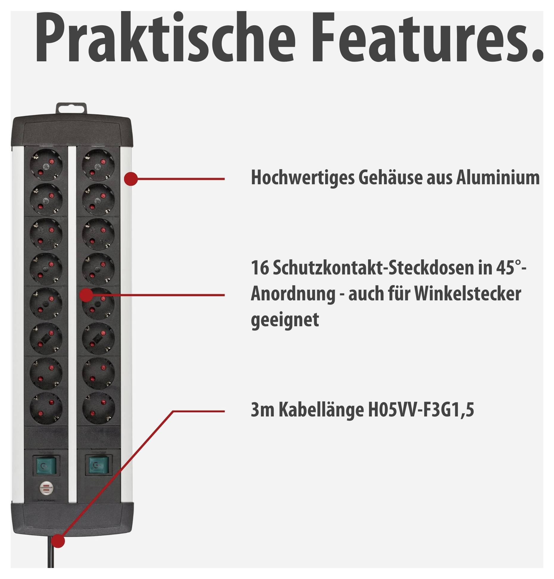 Mehrfachsteckdose mit 16 Schutzkontakt-Steckdosen und Aluminiumgehäuse; 3 m Kabel, geeignet für Winkelstecker.