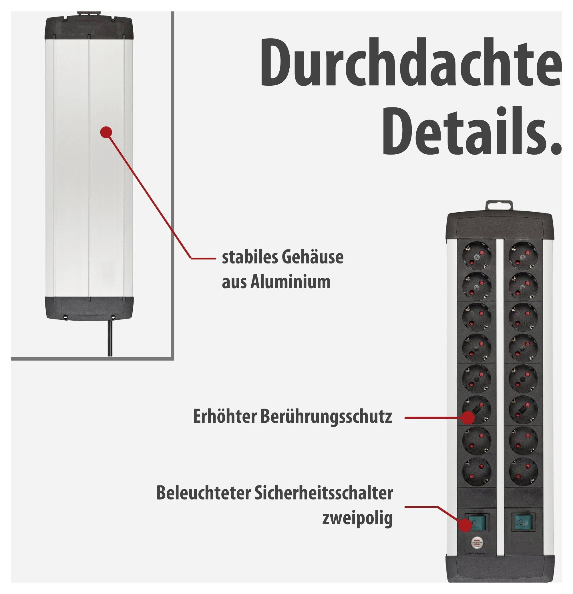 Werbegrafik einer Steckdosenleiste mit Aluminiumgehäuse, erhöhtem Berührungsschutz und beleuchtetem zweipoligem Sicherheitsschalter; Überschrift 'Durchdachte Details.'