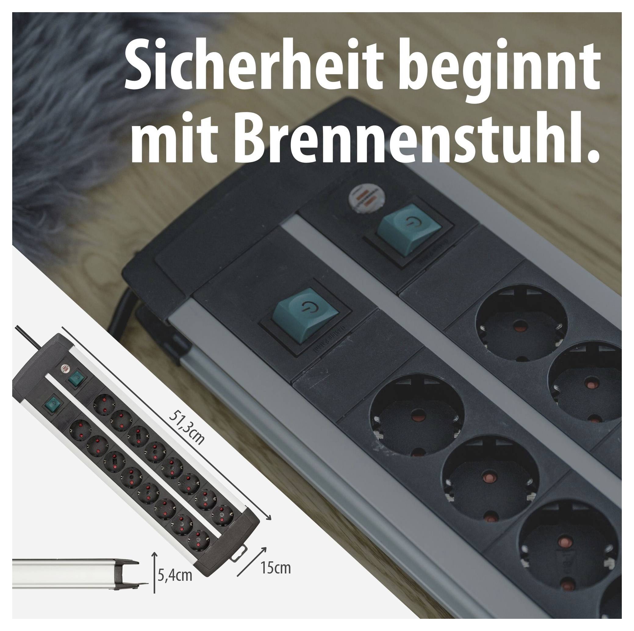 Werbebild einer Steckdosenleiste mit zwei Schaltern; Text: 'Sicherheit beginnt mit Brennenstuhl.' sowie Maßangaben 51,3 cm, 15 cm und 5,4 cm.