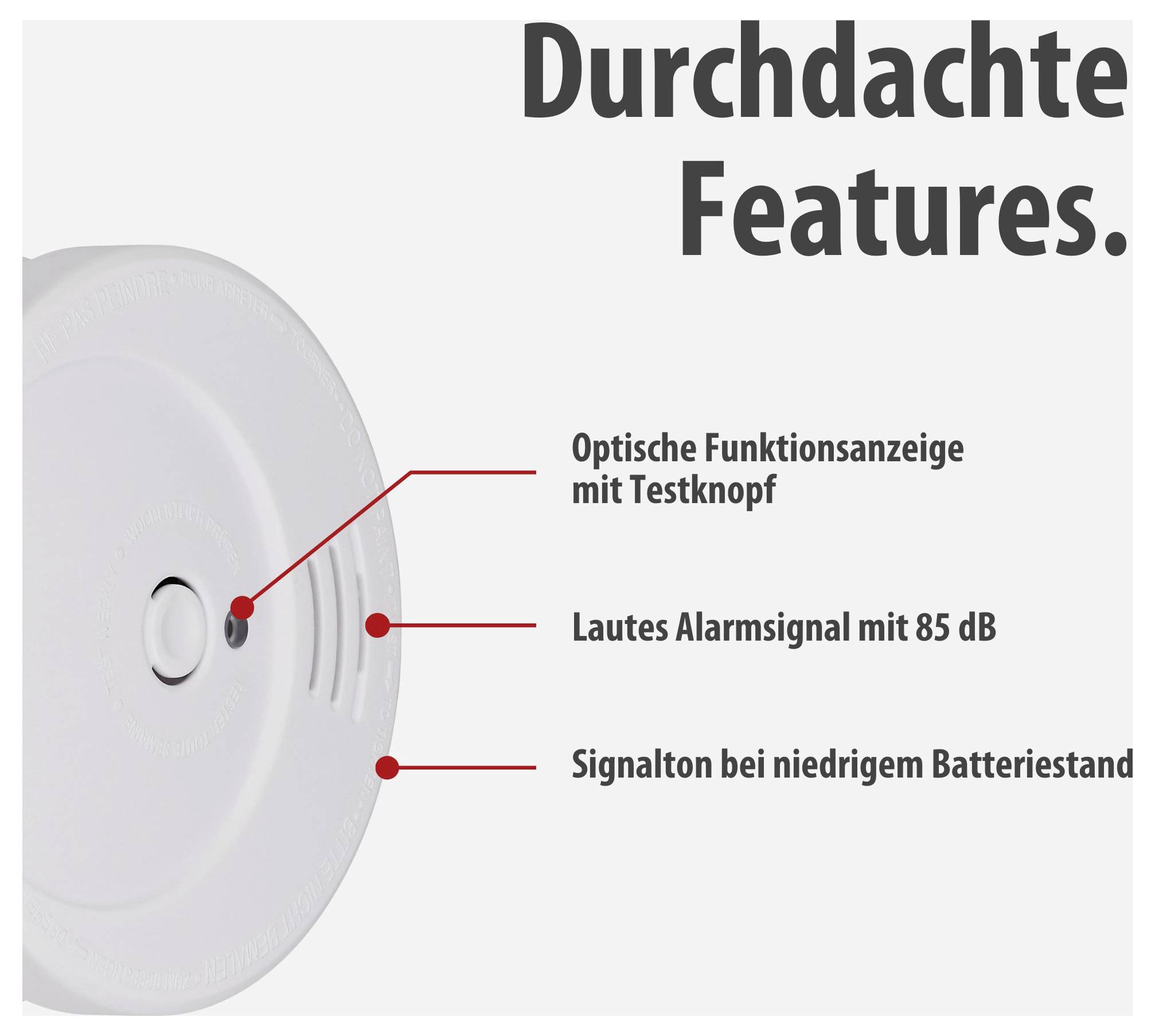 Rauchmelder mit Funktionen: Testknopf, optische Anzeige, 85-dB-Alarm und Batteriestandsignal.