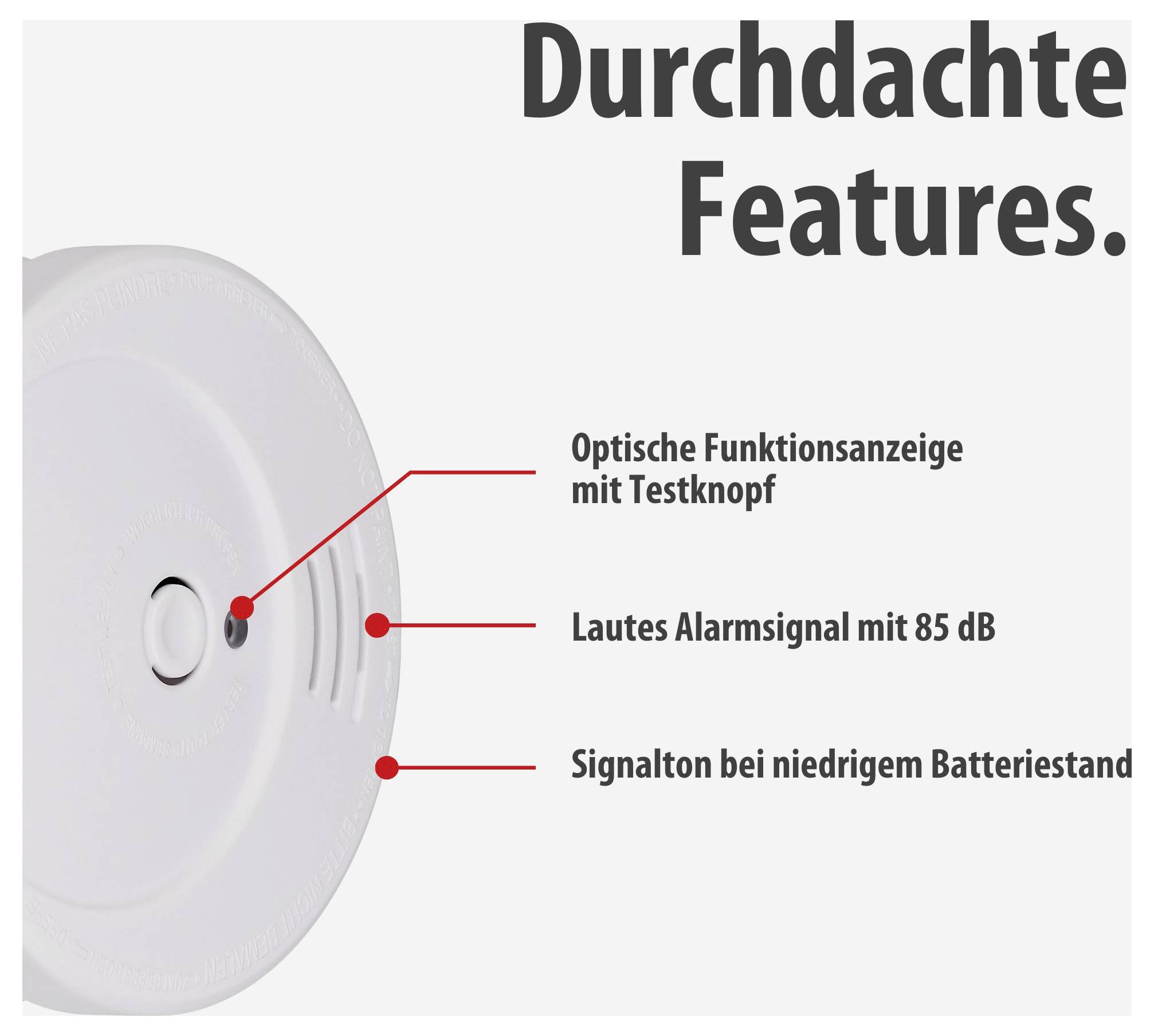 Werbung für einen Rauchmelder mit der Überschrift 'Durchdachte Features.'; genannt werden optische Funktionsanzeige mit Testknopf, 85-dB-Alarm und Signalton bei niedrigem Batteriestand.