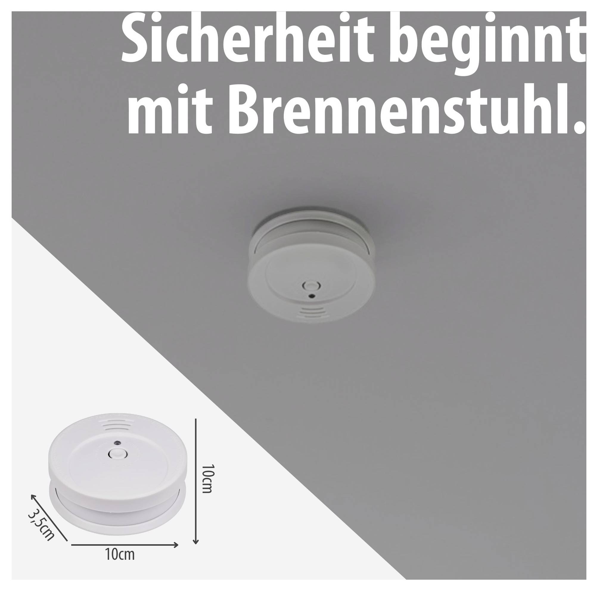 Werbeplakat für Brennenstuhl: Rauchmelder an der Decke, unten Produktbild mit Maßen 10 cm × 10 cm × 3,5 cm und Slogan 'Sicherheit beginnt mit Brennenstuhl.'