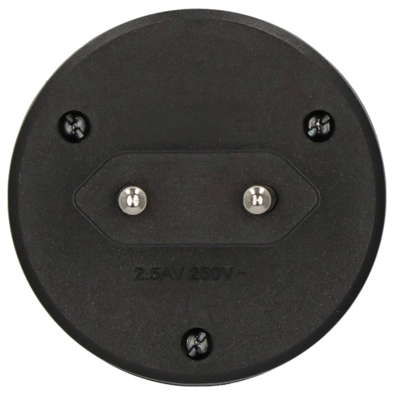 Schwarzer runder elektrischer Stecker oder Stromstecker mit vier sichtbaren Schrauben und zwei Metallstiften mit der Bezeichnung „2,5A/250V