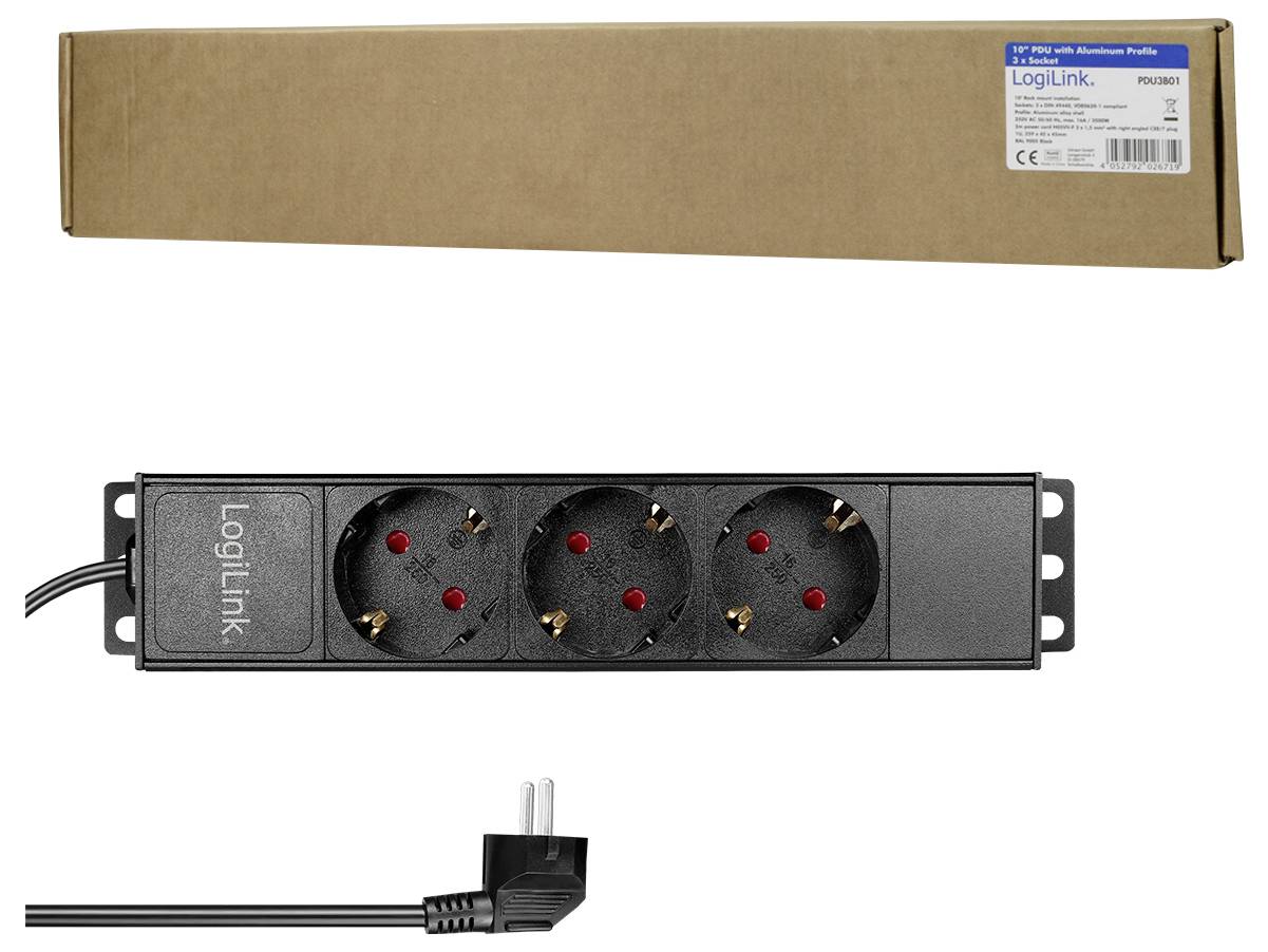LogiLink PDU3B01 10 Zoll Netzwerkschrank-Steckdosenleiste Aluminium Profil Silber, Schwarz