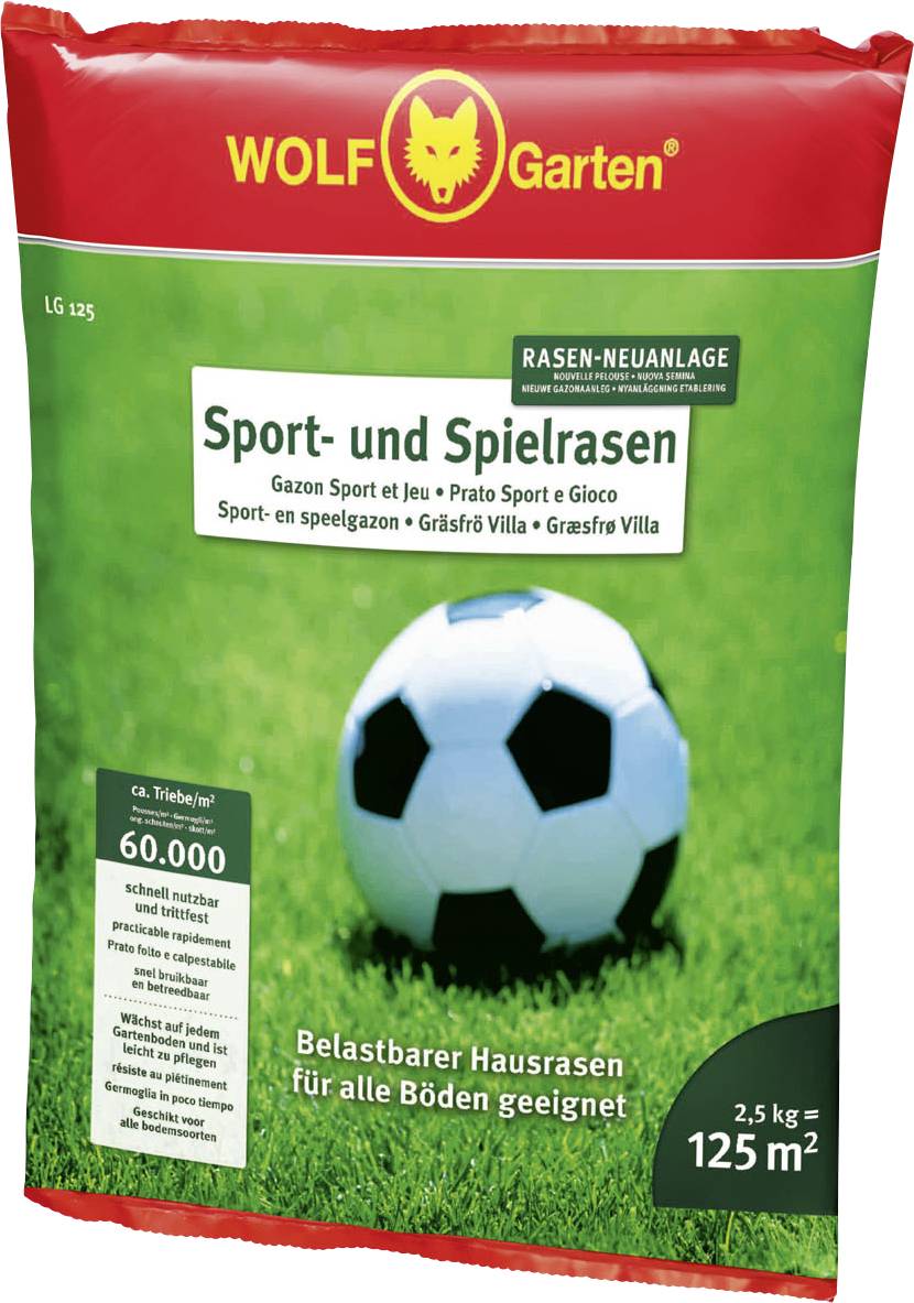 Tüte mit Rasen-Saatgutmischung für Sport- und Spielrasen von WOLF-Garten, geeignet für 125 m² Fläche, Belastbarkeit für alle Böden.