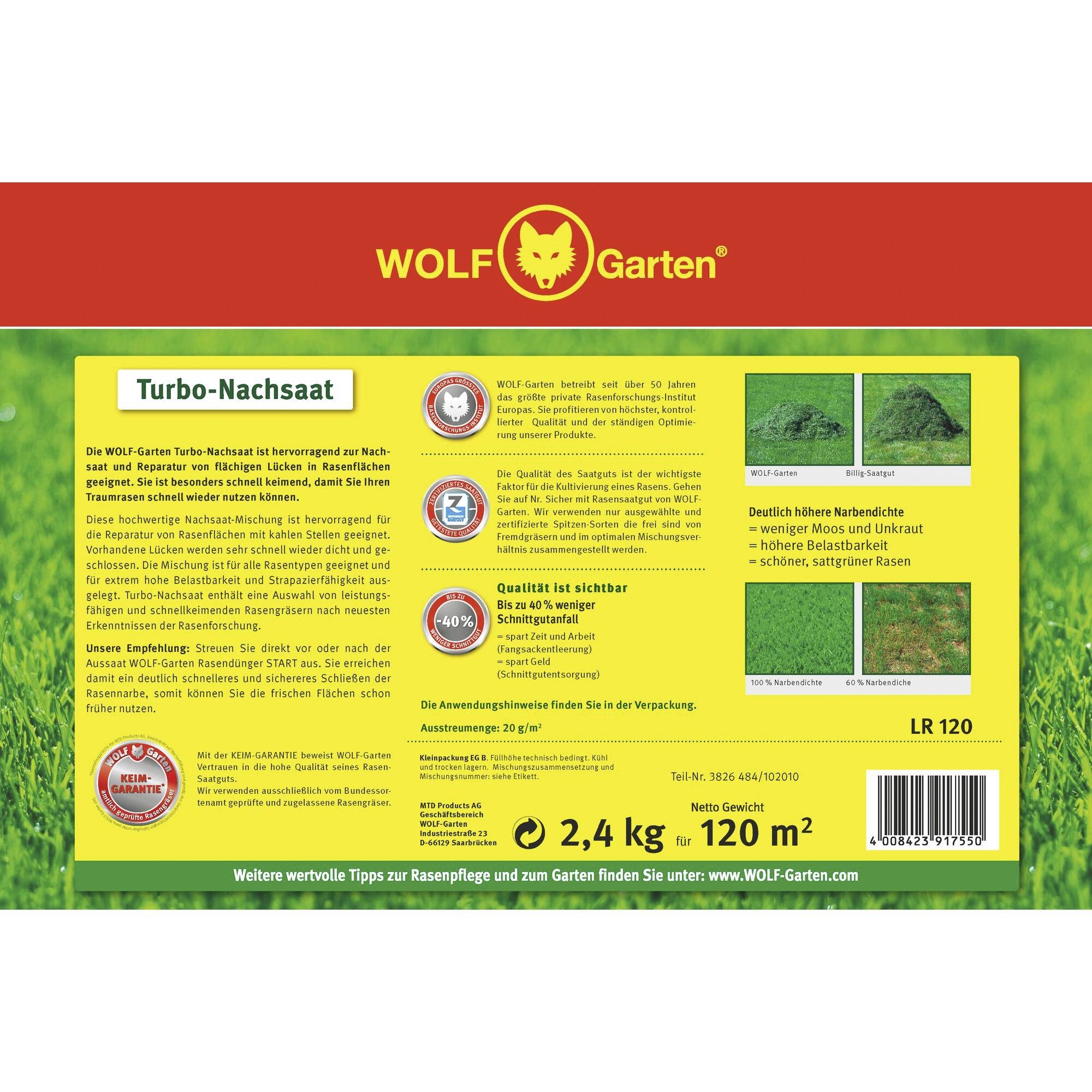 'WOLF-Garten Turbo-Nachsaat' Verpackung mit gelbem Hintergrund. Enthält Informationen zu Inhaltsstoffen und Anwendung auf Rasenflächen. 2,4 kg, reicht für 120 m².
