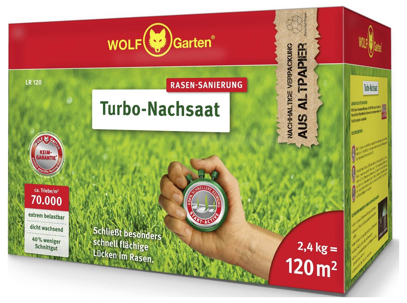 Eine Verpackung Rasen-Sanierung von WOLF-Garten; Turbo-Nachsaat für 120 m². Schließt Lücken, geeignet für schnelles Nachwachsen.