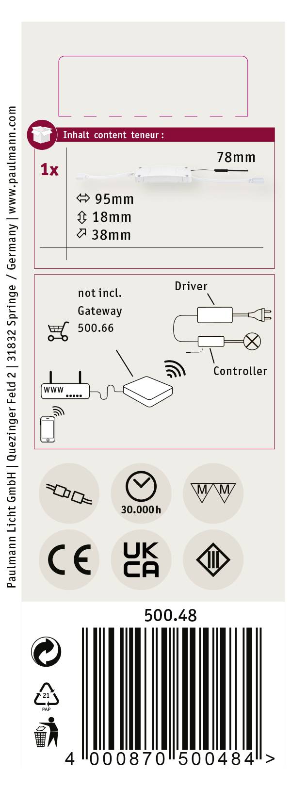 'Paulmann Licht Control Zigbee Stick' Verpackung. Enthält Treiber und Controller. Kompatibilitäts- und Sicherheitssymbole unten.