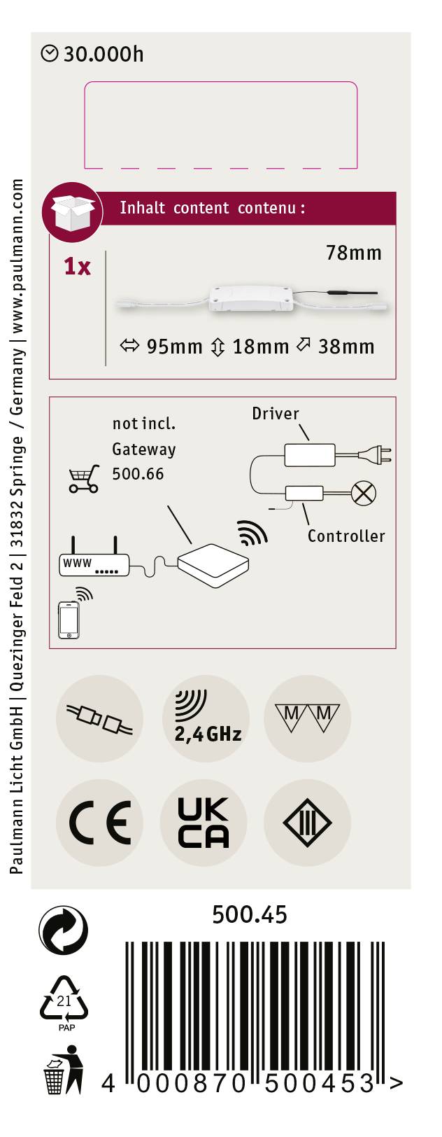 Verpackungsrückseite: LED-Lichtdetails, 30.000h Lebensdauer, 78mm Durchmesser, 1x Inhalt, 2,4GHz, CE- und UKCA-Zertifikate, Strichcode unten.