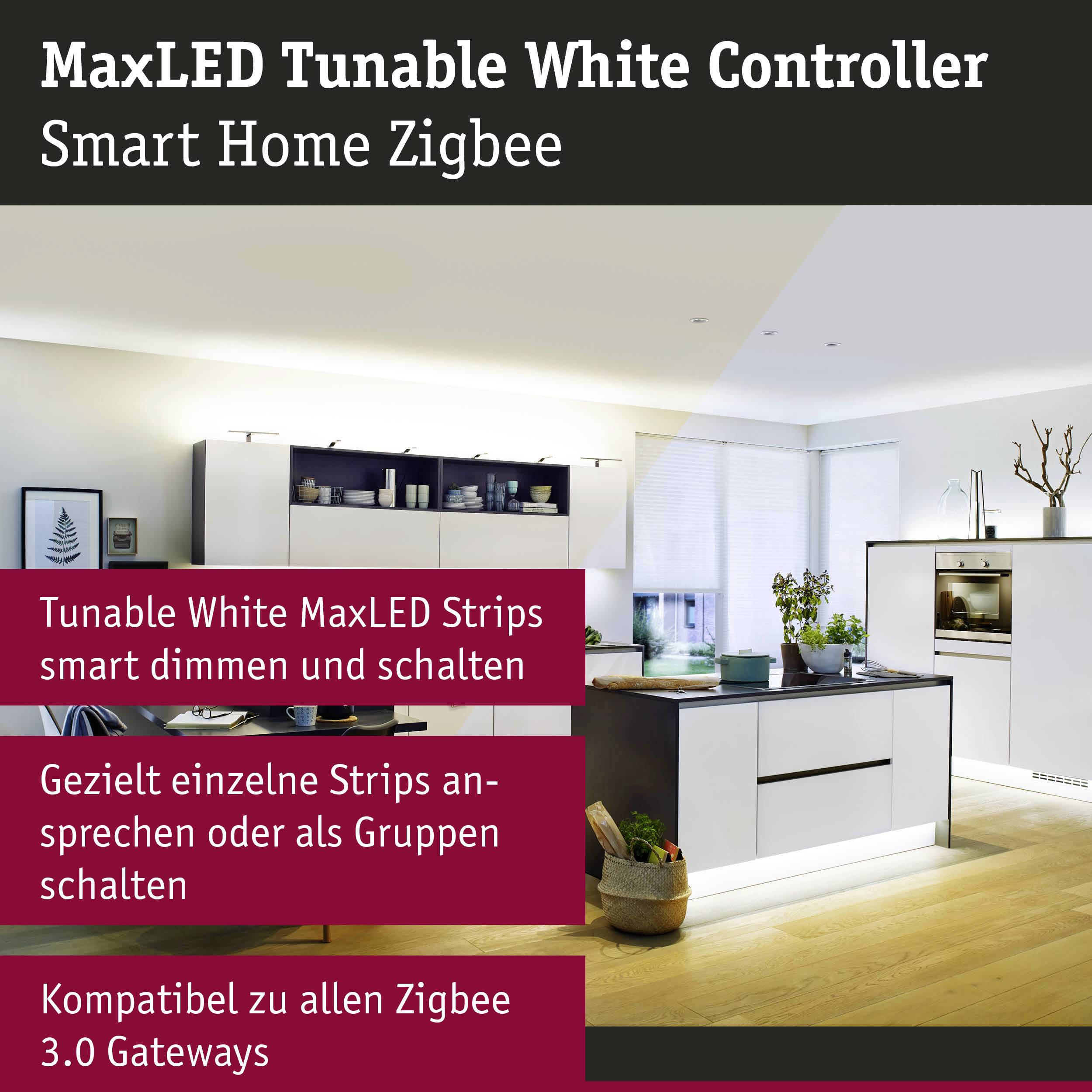 MaxLED Tunable White Controller für Smart Home. Dimmt Strips gezielt oder als Gruppe ansprechbar. Kompatibel mit allen Zigbee 3.0 Gateways.