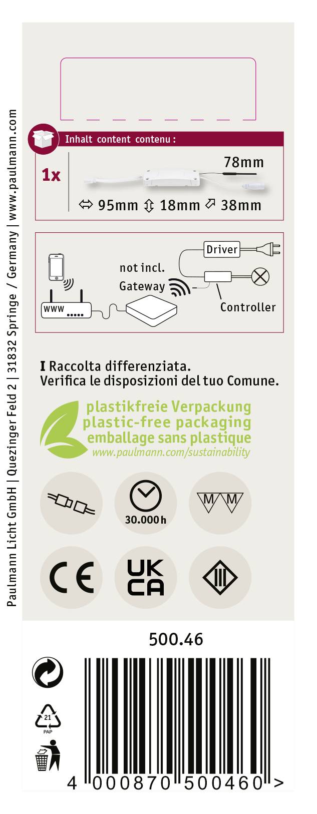 Etikett einer Lampe mit Angaben: 'Inhalt: 1x 78mm'. Symbole für Recycling und Zertifizierungen. Text in mehreren Sprachen zur Verpackung.