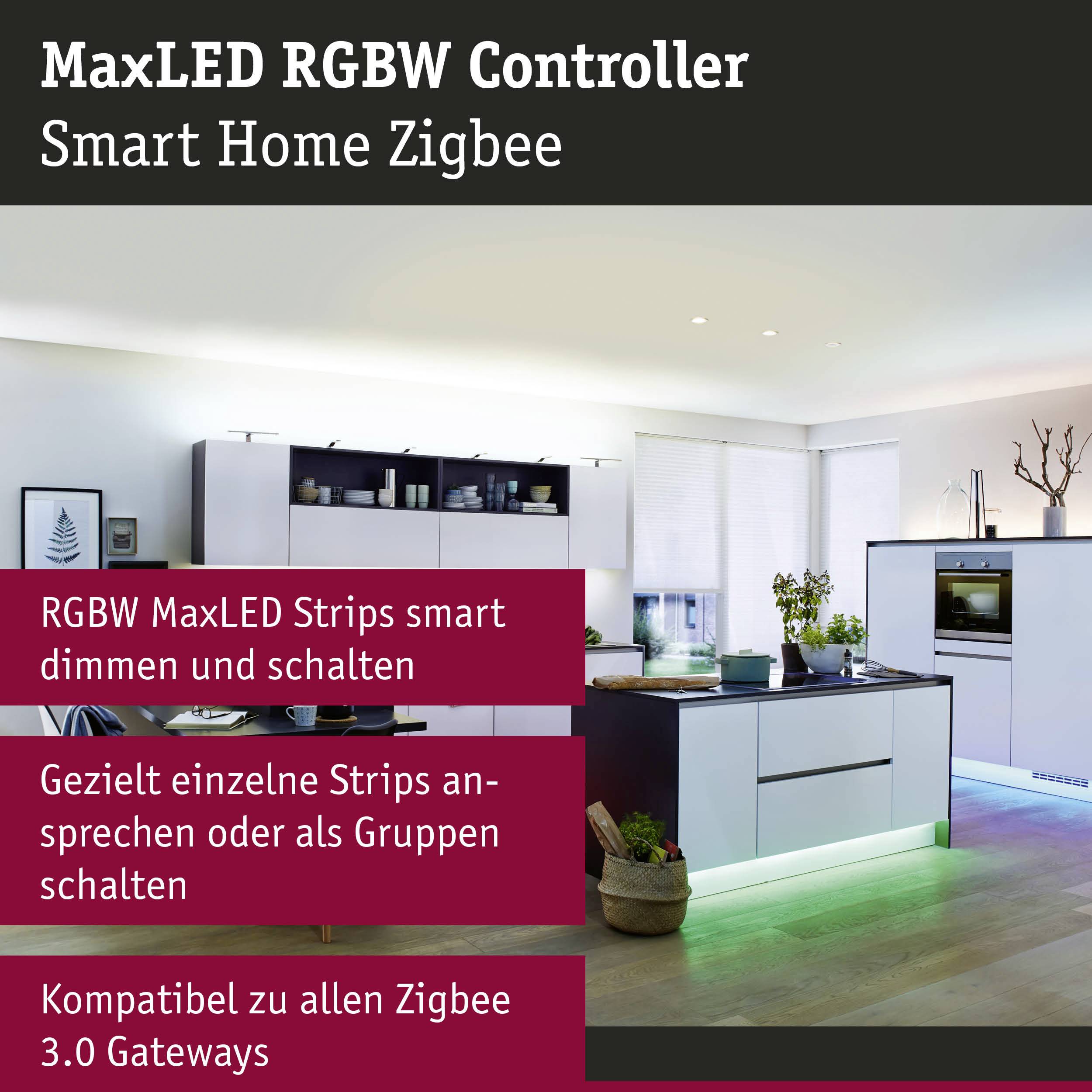 MaxLED RGBW Controller für Smart Home Zigbee. Steuerung von LED-Streifen für individuelles Dimmen und Ansprechen. 30 m Reichweite.