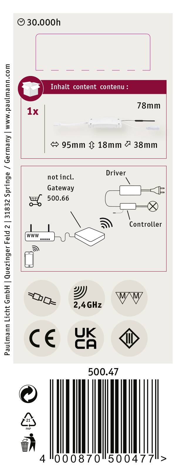 Verpackungsetikett mit technischen Symbolen und Informationen zu einem LED-Produkt. Enthält Details zu Dimensionen und Anforderungen.