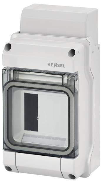 Ein graues Elektroschutzgehäuse mit transparentem Fenster, das den Zugang zu internen Komponenten ermöglicht.
