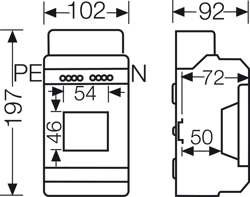 Technische Zeichnung eines Geräts mit Abmessungen: Höhe 197 mm, Breite 102 mm, Tiefe 92 mm. Detailmaße von 54 mm, 46 mm, 72 mm und 50 mm.