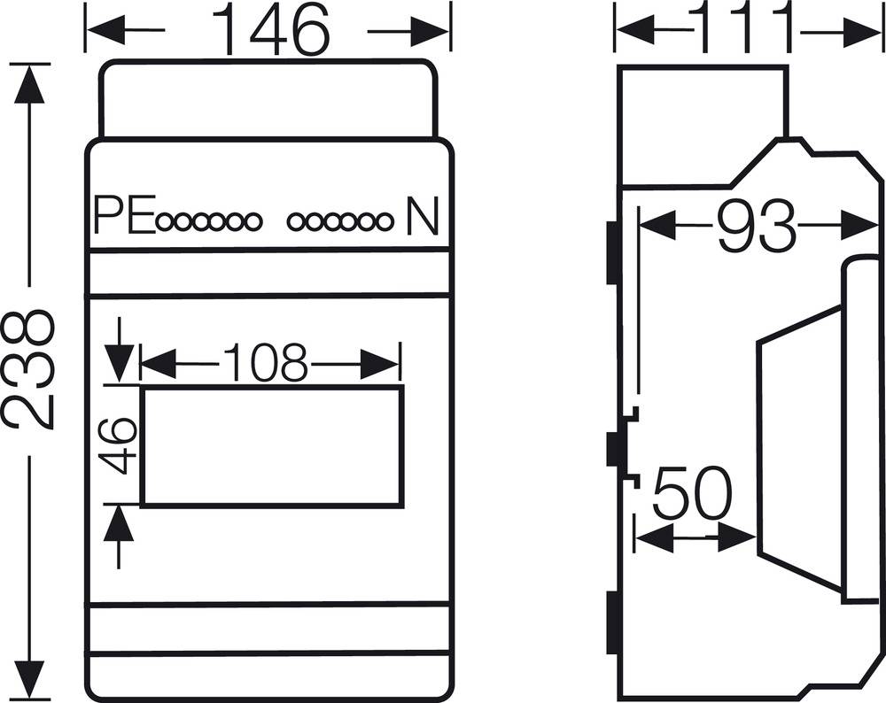 Diagramm eines elektronischen Geräts mit den Maßen 146x238 und 111x93 mm, zeigt Anschlüsse 'PE' und 'N', sowie eine Öffnung von 108x46 mm.
