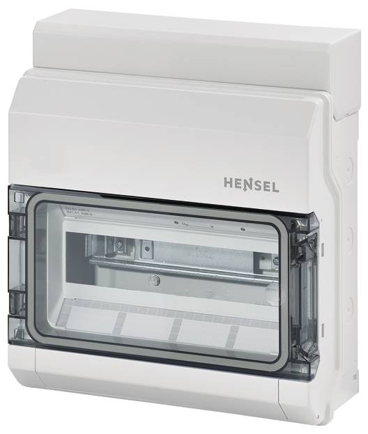Ein weißer Hensel-Verteilerkasten mit transparentem Deckel, geeignet für elektrische Installationen in Innenräumen.