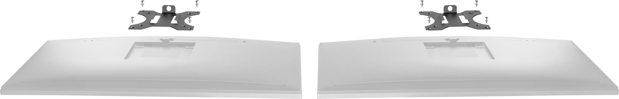 Zwei graue Halterungen hängen über zwei identischen, rechteckigen Monitoren. Die Halterungen sind mit Schrauben befestigt.