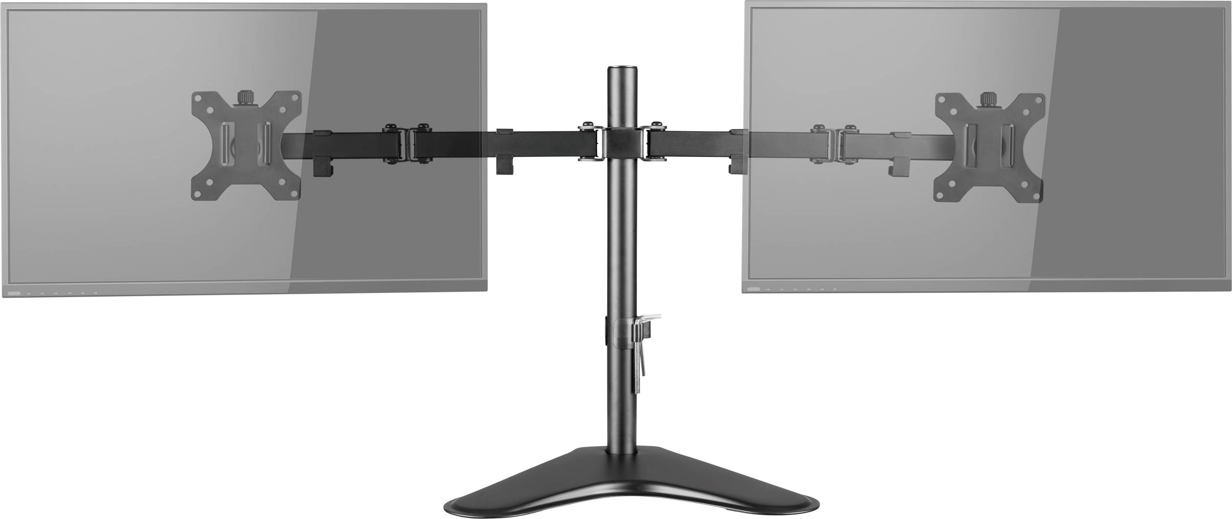 Zwei nebeneinander montierte, höhenverstellbare Monitore auf einem dualen Schreibtischständer, gezeigt von hinten.