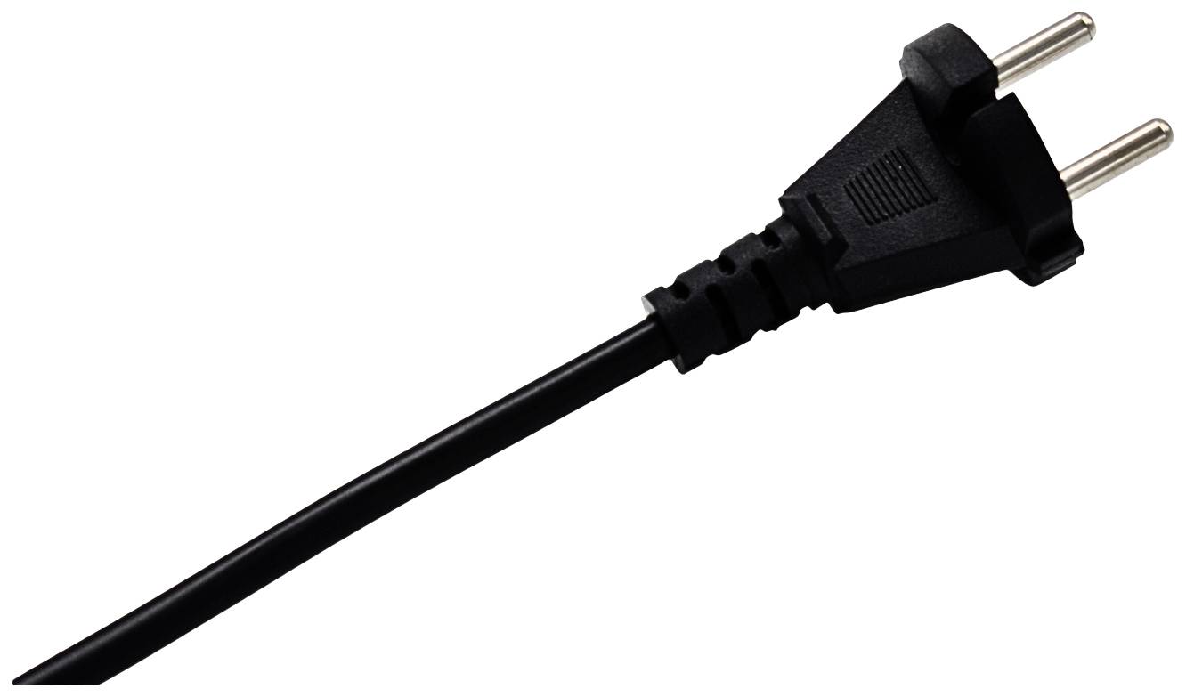 Schwarzer zweipoliger EU-Stecker an einem Kabel, verwendet zum Anschluss an eine Steckdose.