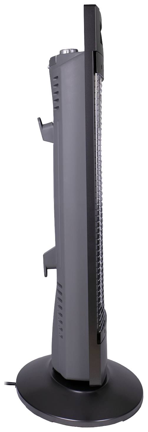 Ein elektrischer Turmventilator mit schlankem, vertikalem Design und schwarzem Gehäuse, auf einem runden Standfuß platziert.
