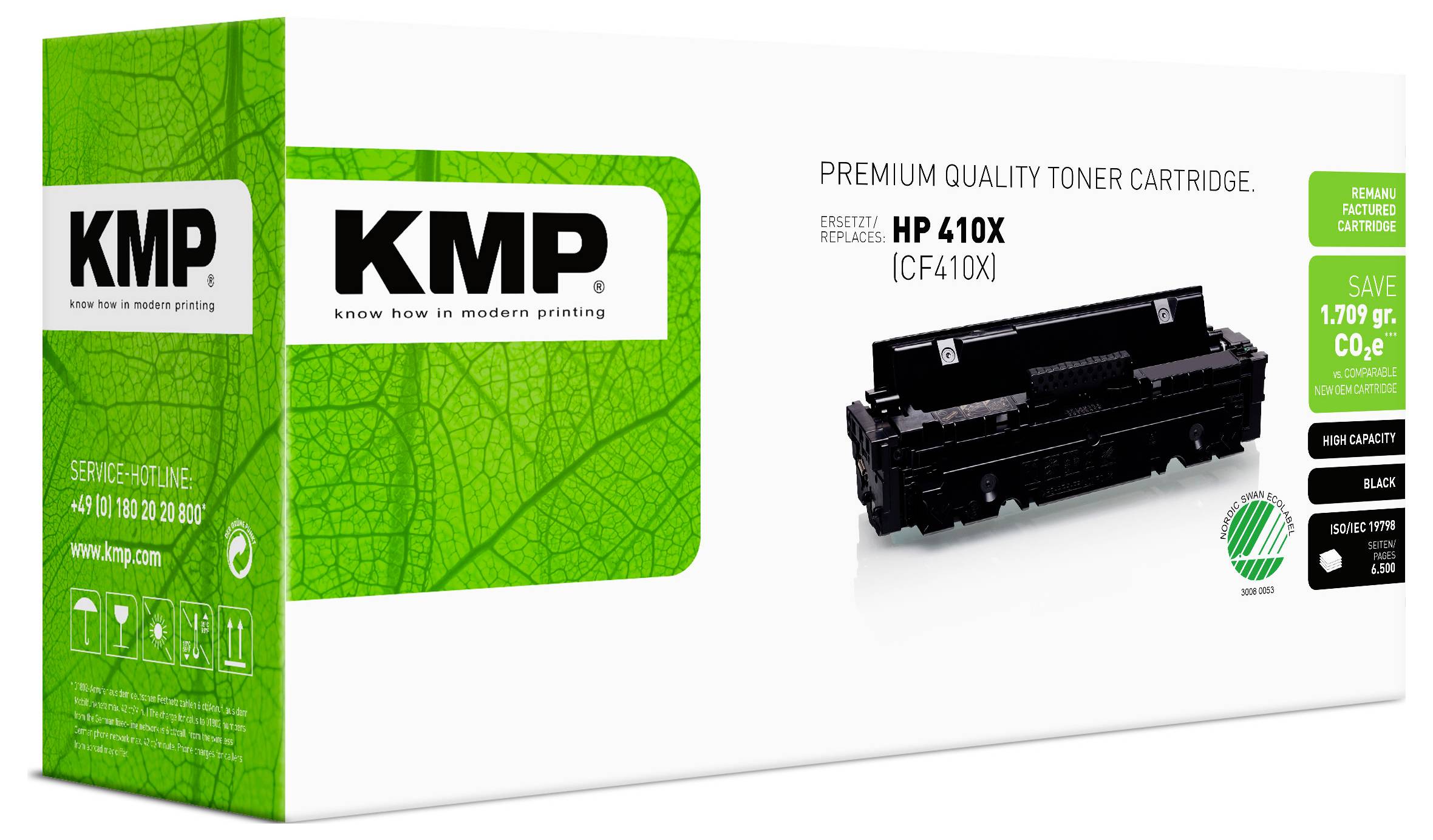 KMP Premium-Qualität Tonerpatrone Verpackung für HP 410X (CF410X), gezeigt mit einer schwarzen Patrone und grünem Branding auf einer weißen Schachtel.