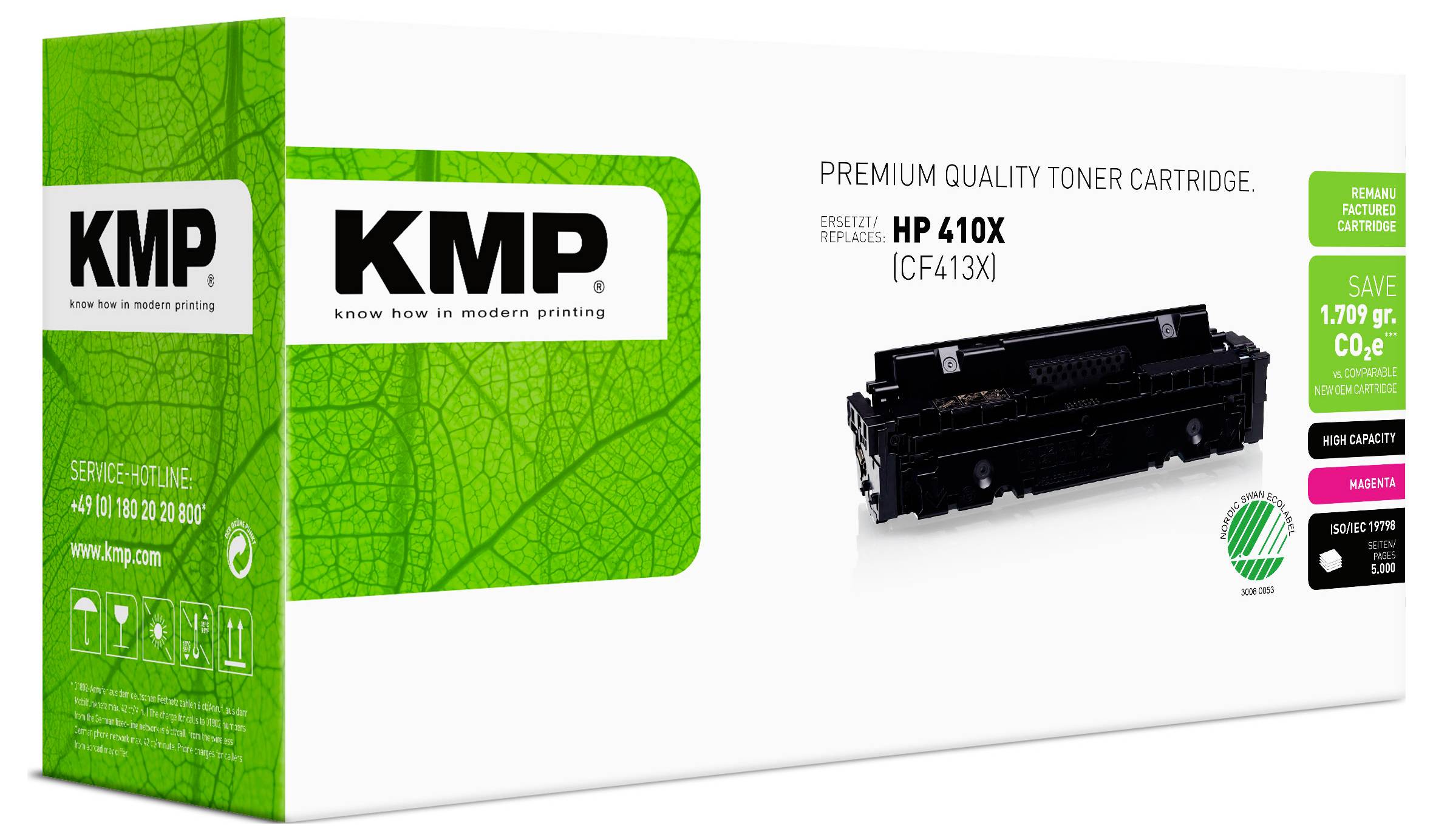 KMP Premium-Tonerkartusche für HP 410X (CF413X), dargestellt auf weißer Verpackung mit schwarzem Kartuschenabbild und grünem Branding, verspricht hohe Qualität und Einsparungen.