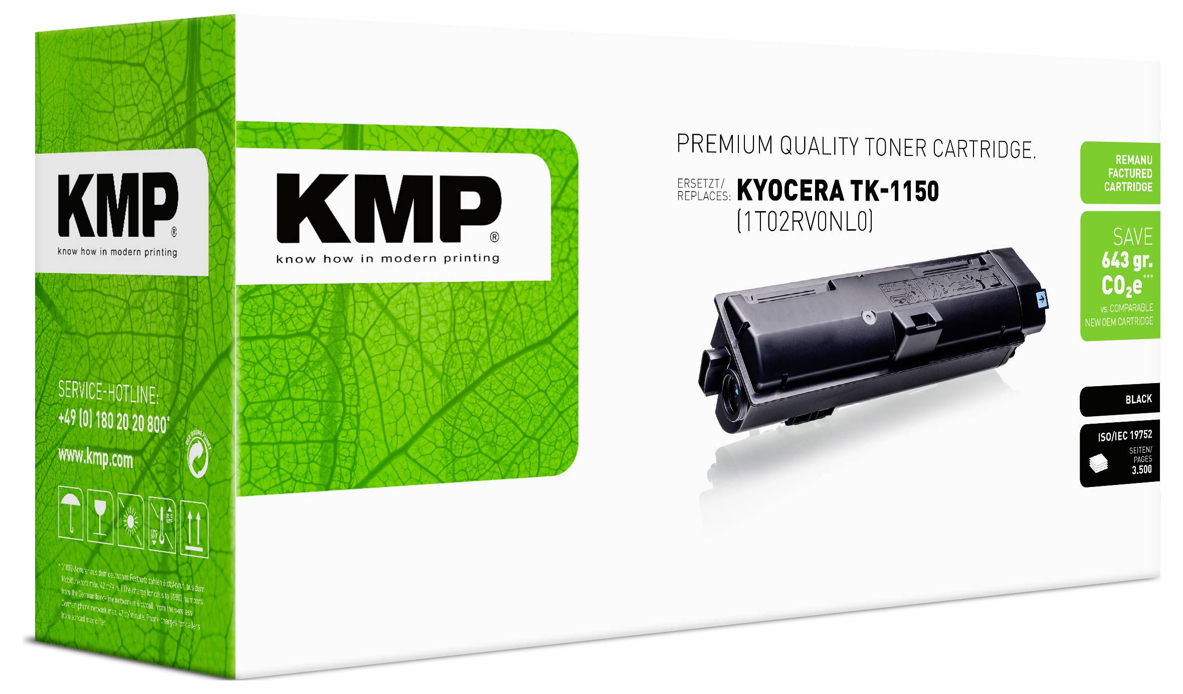 KMP-Toner-Patrone Premium-Qualität für Kyocera TK-1150, schwarz, mit grünem KMP-Branding und Etikett „sparen Sie 643 g".