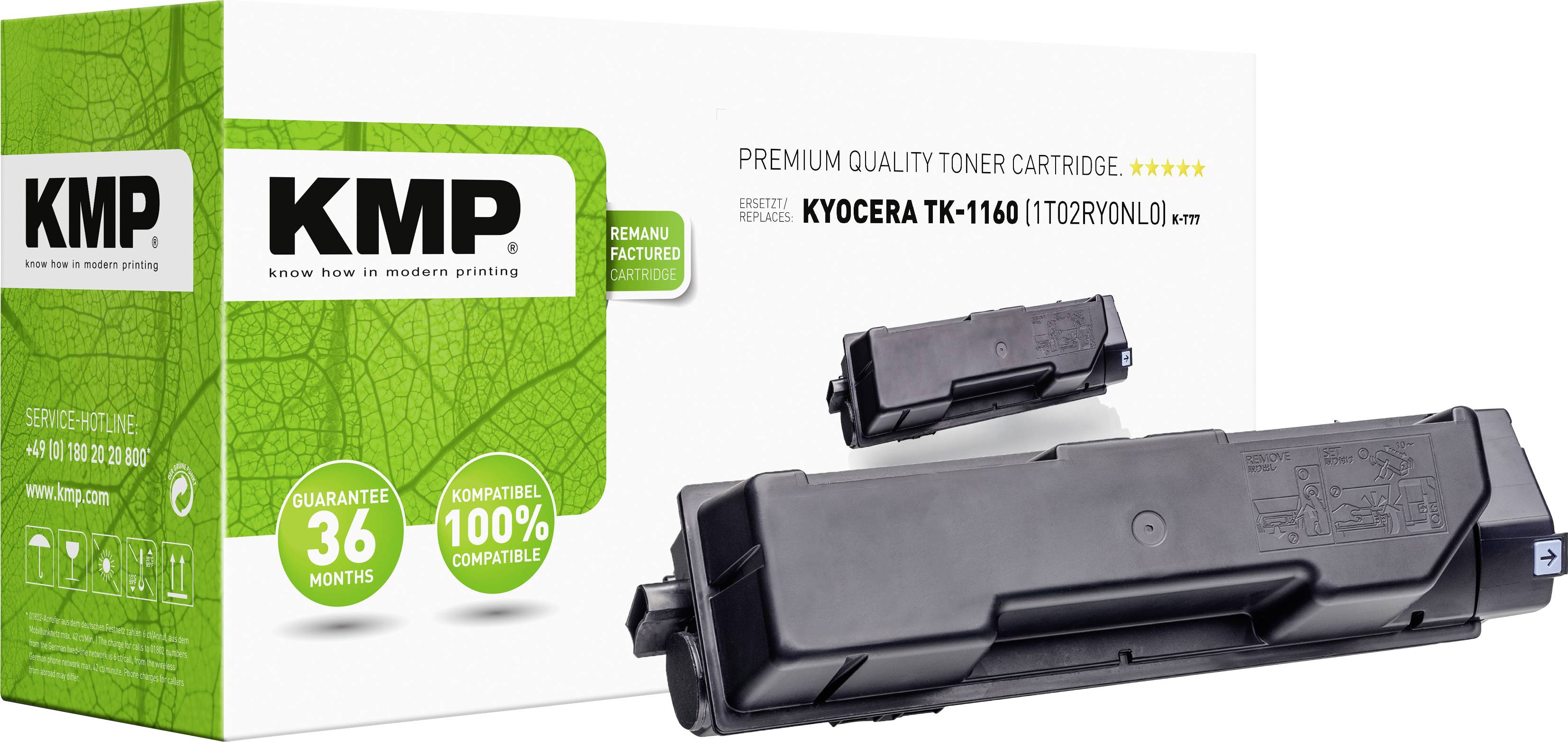 'Toner-Kartusche KMP KYOCERA TK-1160' auf weißem Hintergrund, hervorgehoben durch Details zur Garantie und Kompatibilität auf der Verpackung.