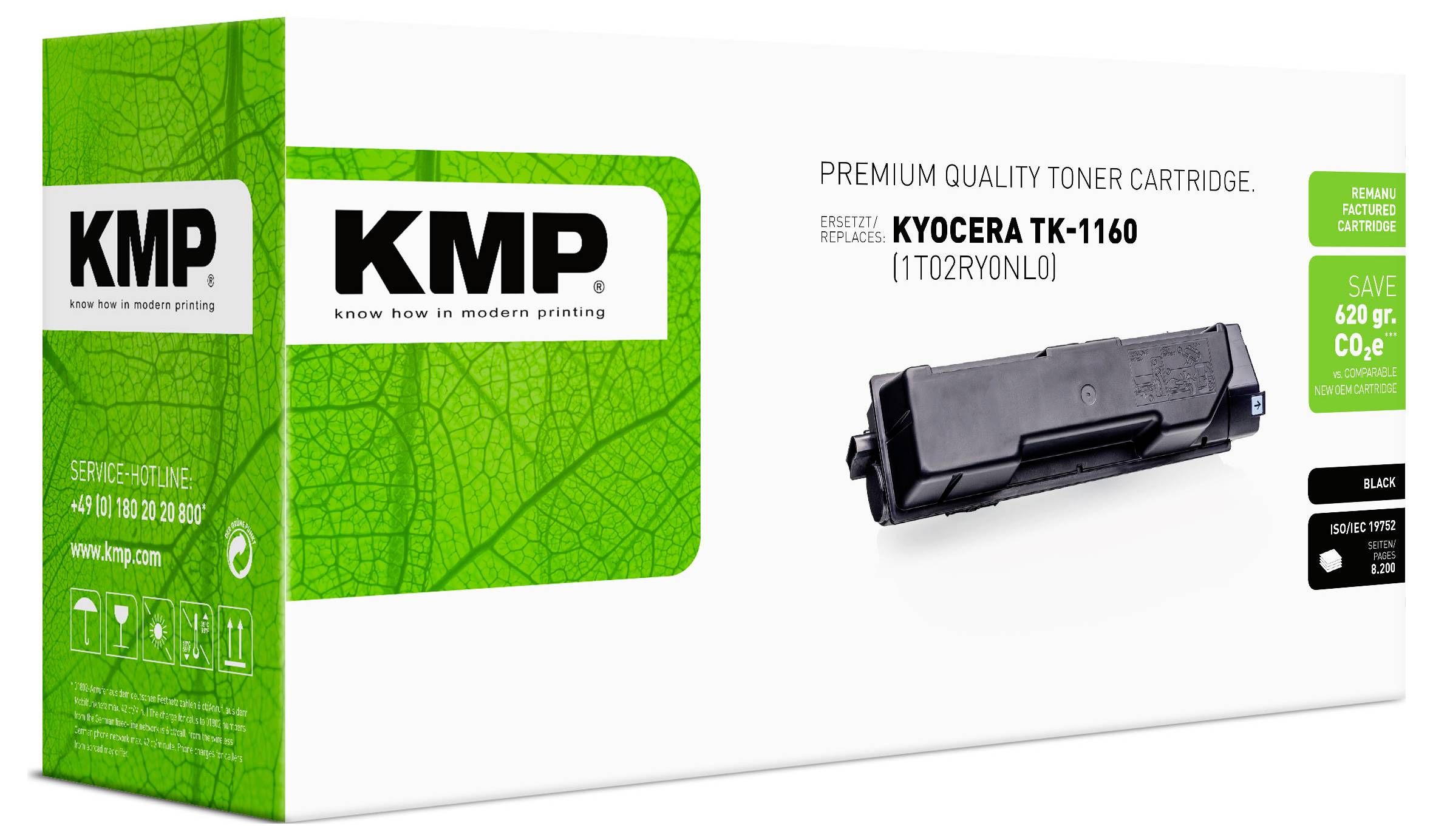 KMP Toner-Kartuschen in Premium-Qualität für Kyocera TK-1160, dargestellt in grün-weißer Verpackung mit Abbildung der Kartuschen und Spargarantie.