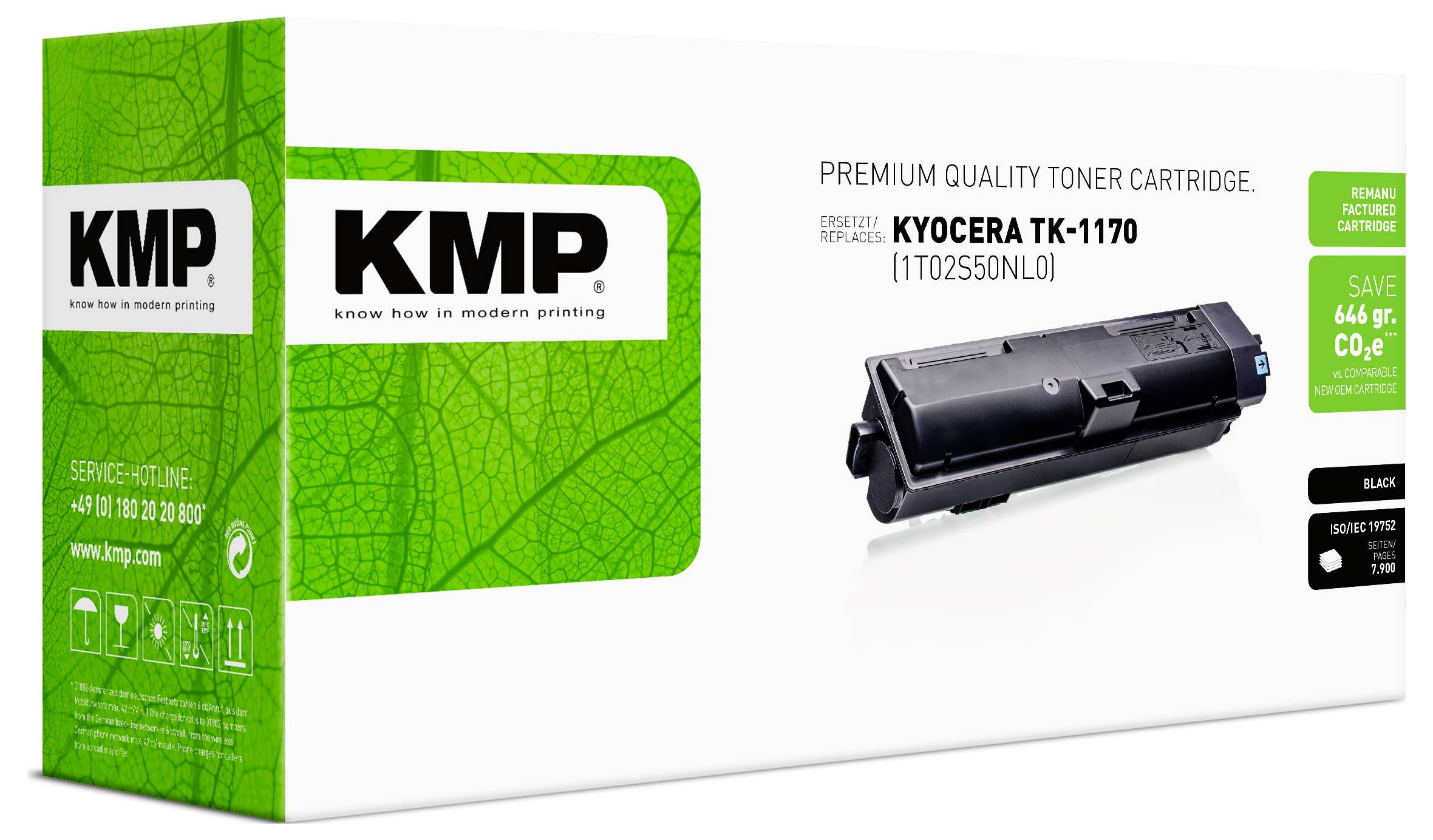 KMP Premium-Qualität Tonerpatrone für Kyocera TK-1170, dargestellt auf weißer Verpackung mit schwarzem Tonerpatronen-Bild und grünem Branding.