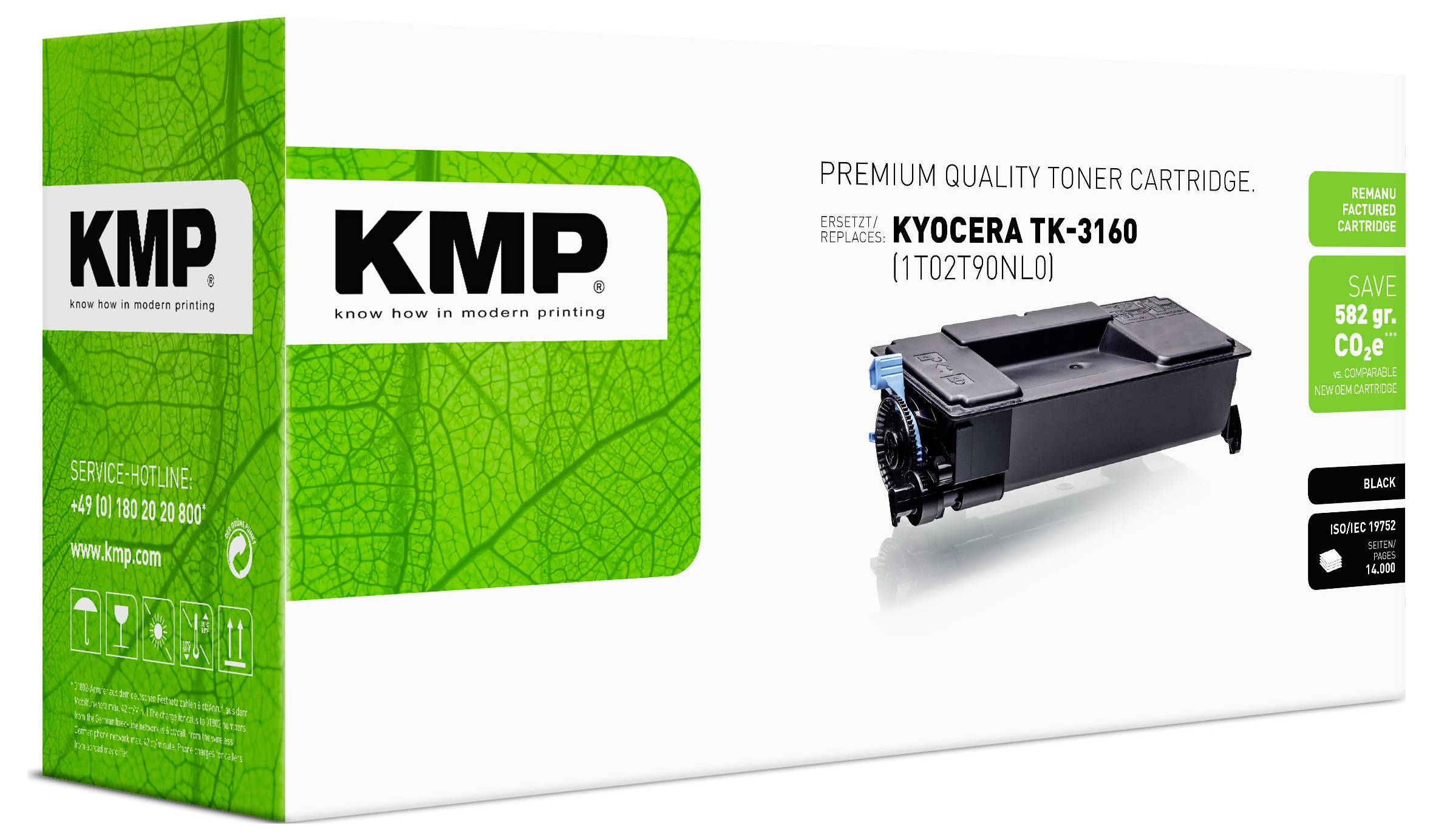 KMP Premium-Qualität Tonerpatrone für Kyocera TK-3160, gezeigt in grün-weißer Verpackung mit schwarzem Patronenbild und "Schwarz"-Etikett.