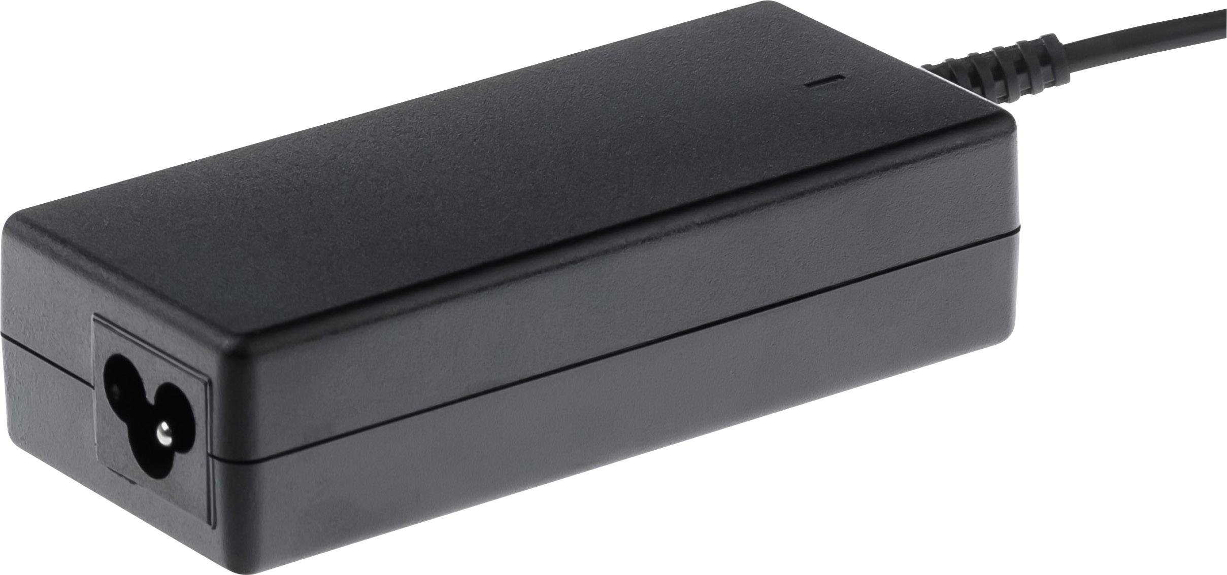 Schwarzes Laptop-Netzteil mit Kabel, rechteckige Form, zwei runde Anschlüsse sichtbar, auf weißem Hintergrund.