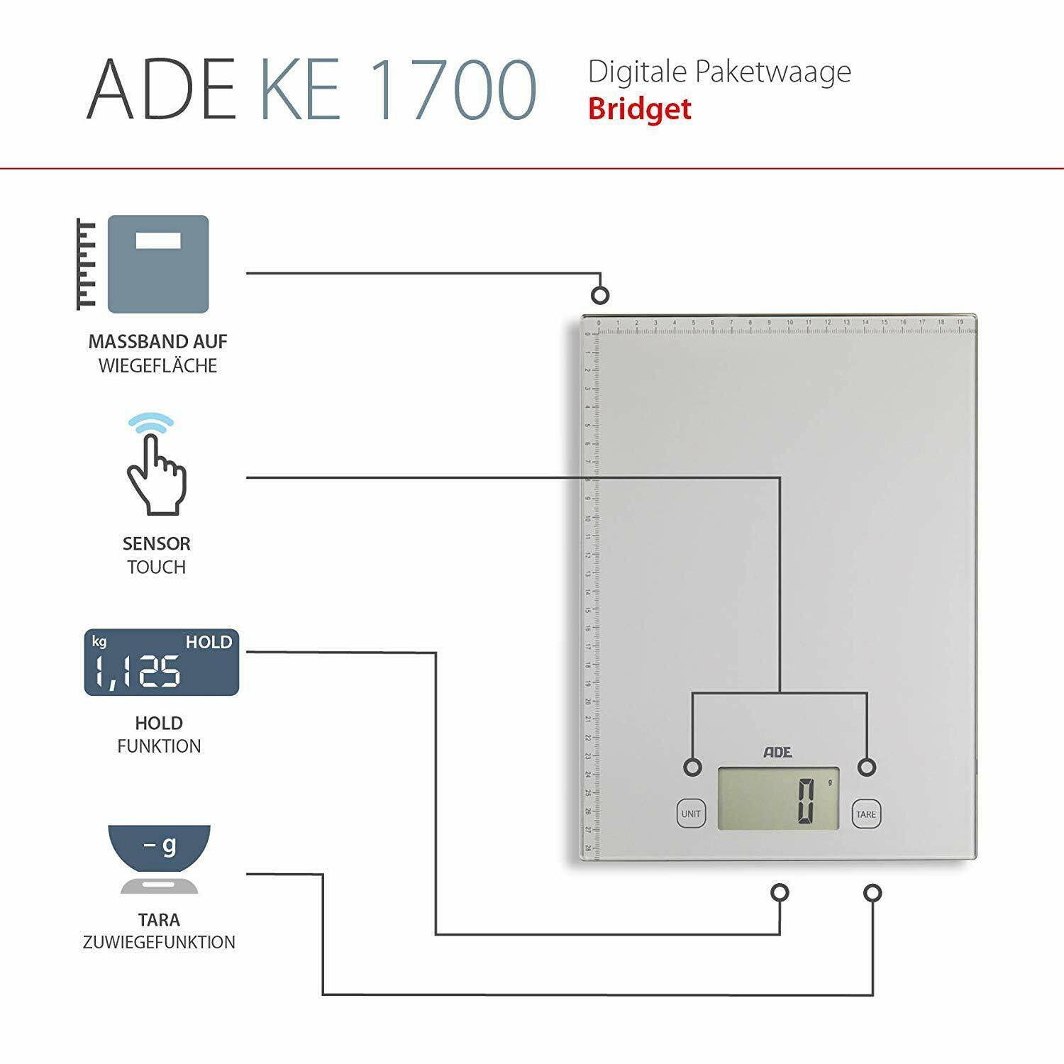 ADE Bridget KE 1700 Paketwaage  Wägebereich (max.) 20 kg Ablesbarkeit 1 g batteriebetrieben Silber