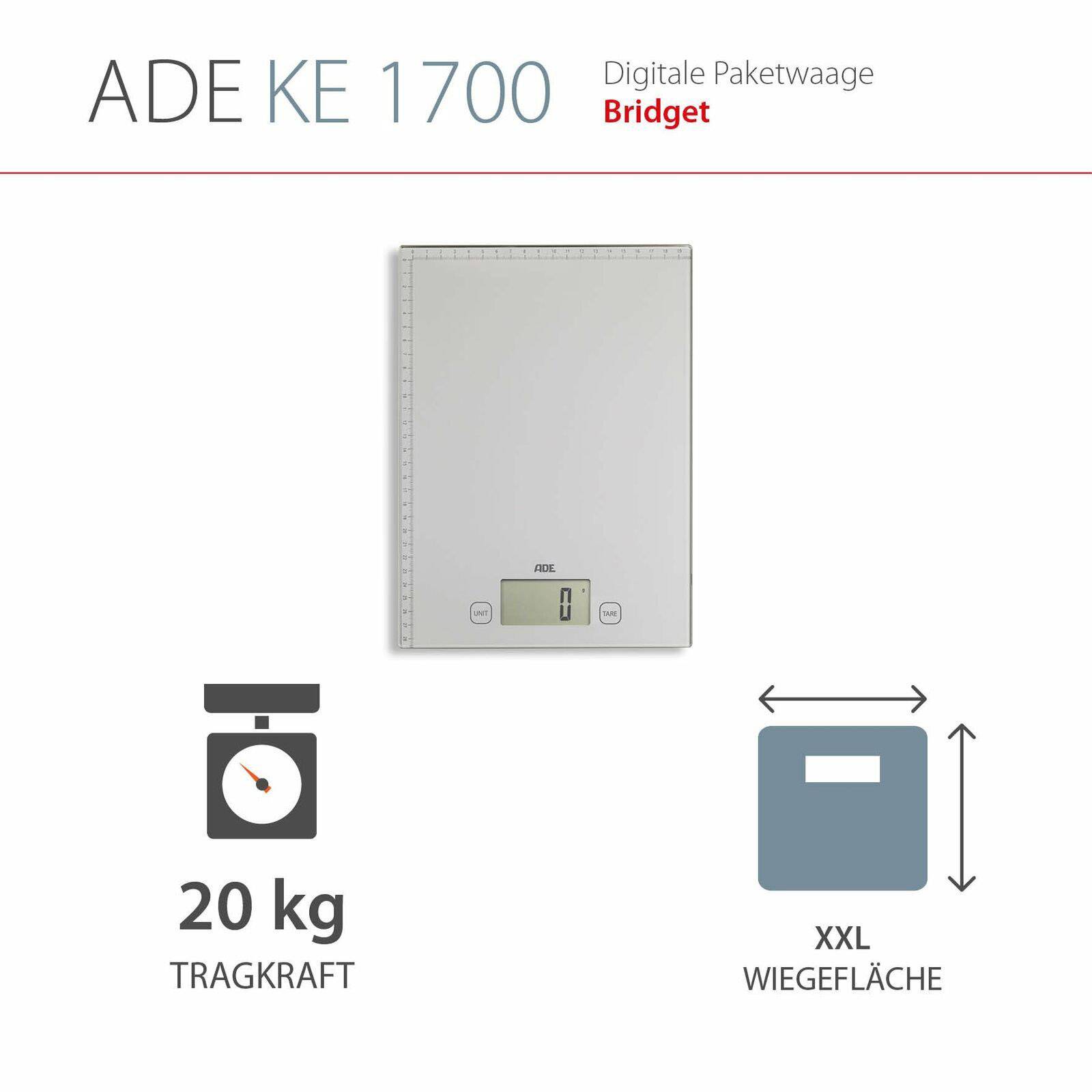 ADE Bridget KE 1700 Paketwaage  Wägebereich (max.) 20 kg Ablesbarkeit 1 g batteriebetrieben Silber