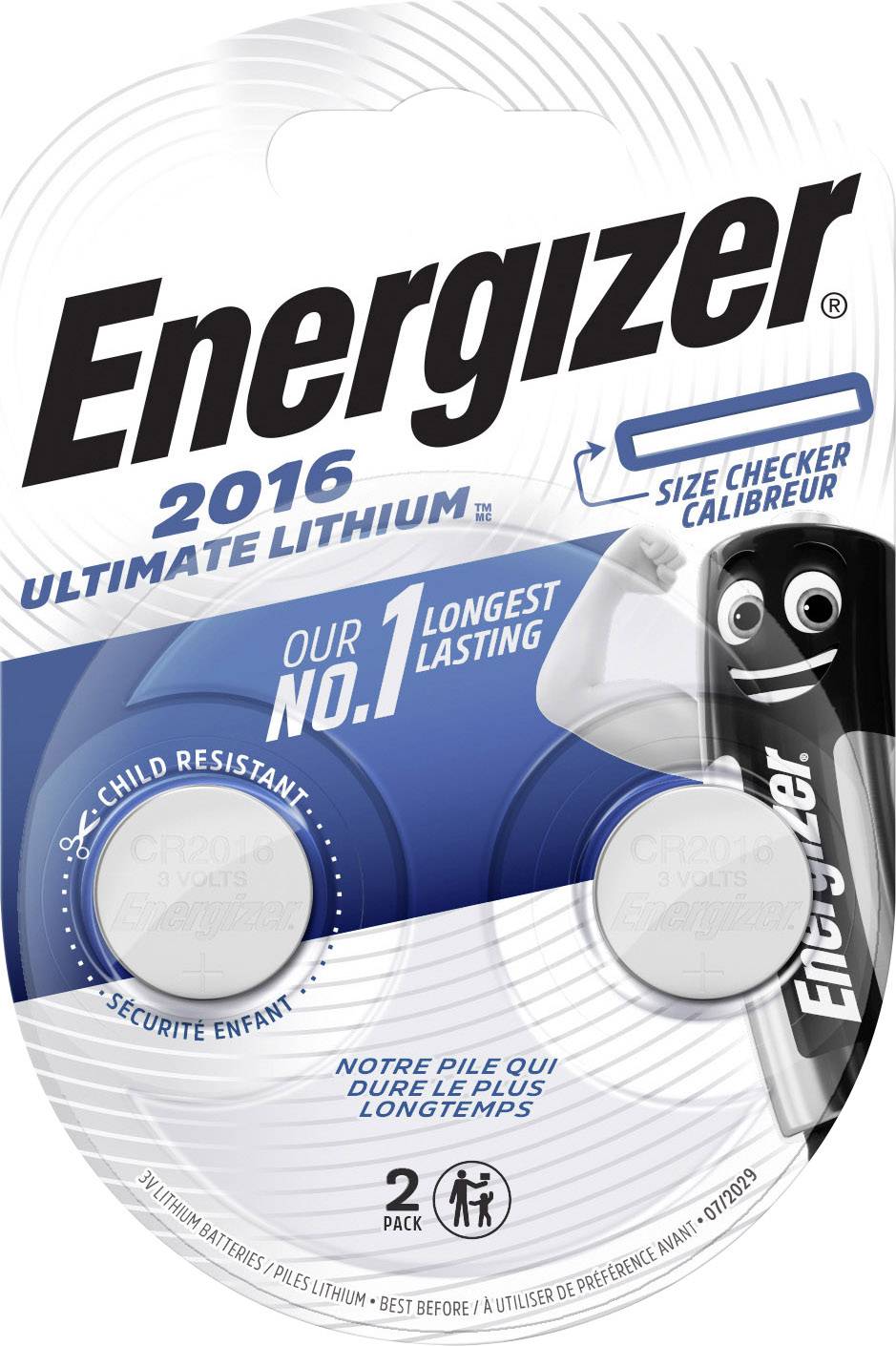 Verpackung von Energizer 2016 Ultimate Lithium-Batterien, kinder- und langlebig, mit Produktmaskottchen und zwei Batterien.