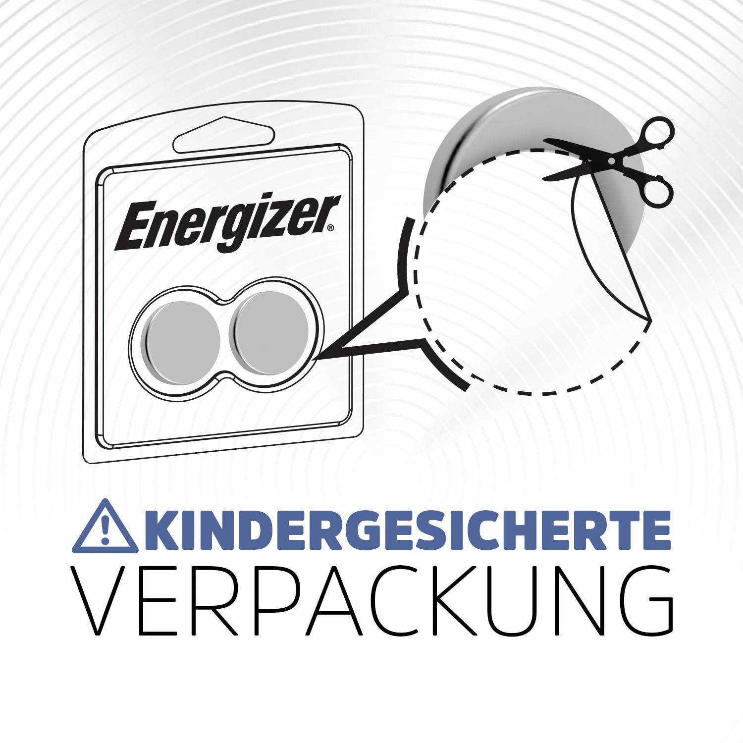 Diagramm zeigt eine kindersichere Verpackung von Energizer-Batterien. Schere schneidet entlang der Linie zum Öffnen.