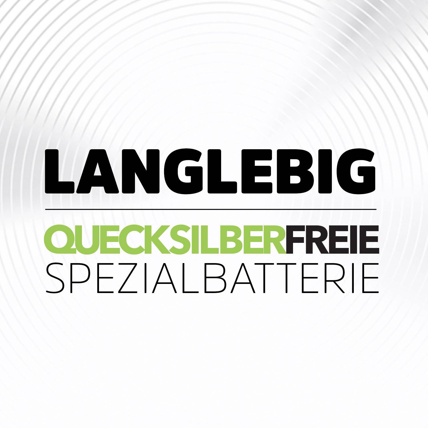 Langlebige Spezialbatterie ohne Quecksilber, betont durch spiralförmiges Hintergrunddesign in Grau und Weiß.