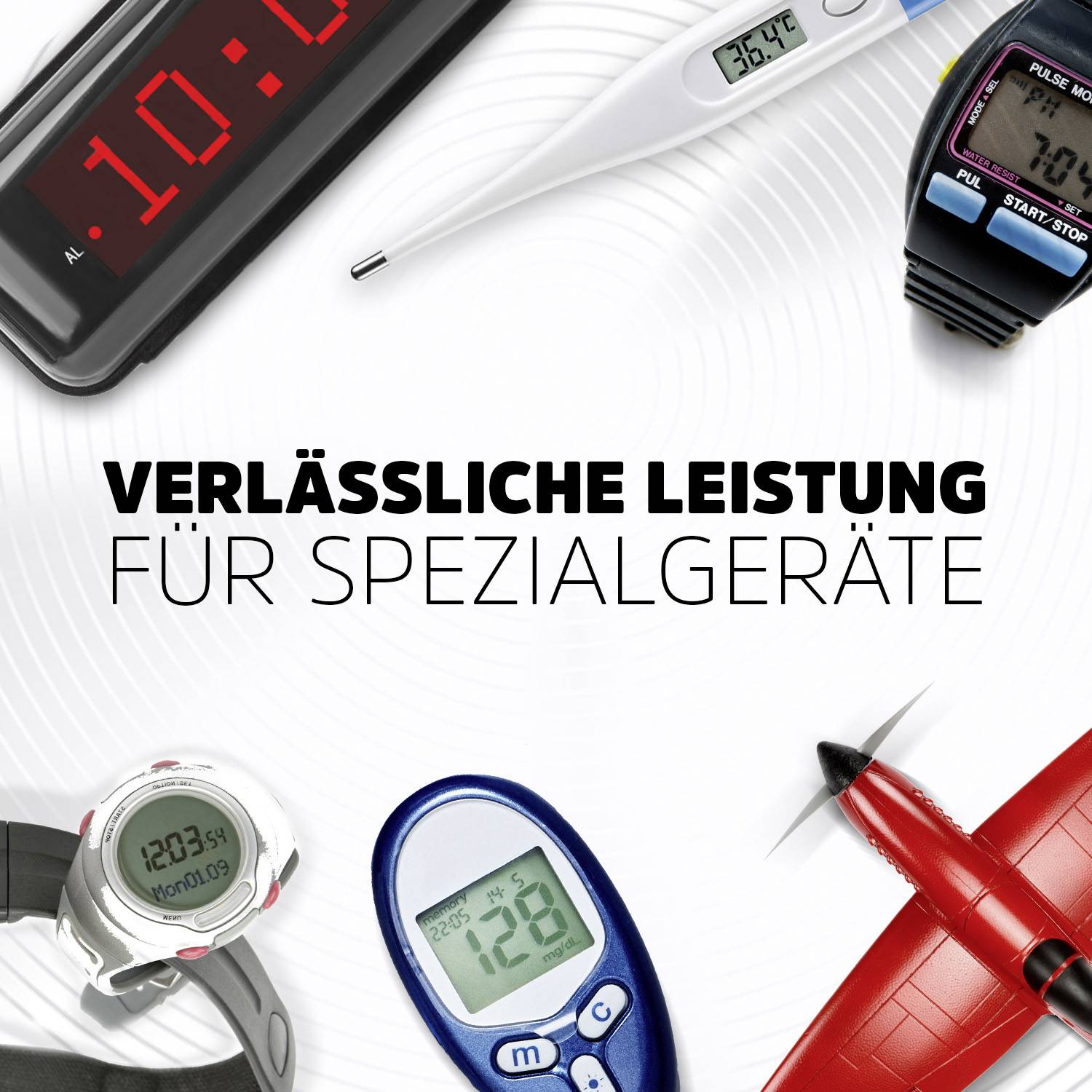 Zifferblätter und elektronische Geräte mit Messanzeigen. Text: 'Verlässliche Leistung für Spezialgeräte'.