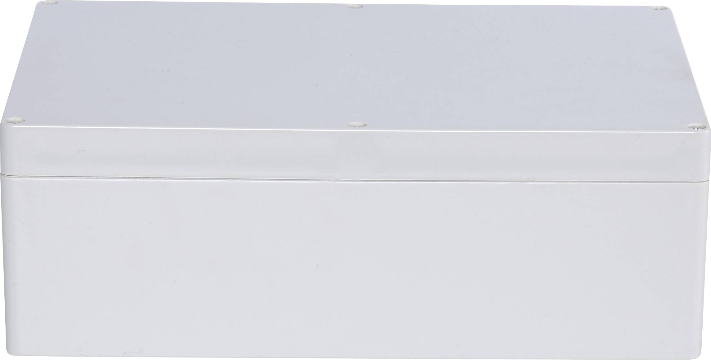 Weiße rechteckige Kunststoffbox mit flachem Deckel, seitlich sichtbar.